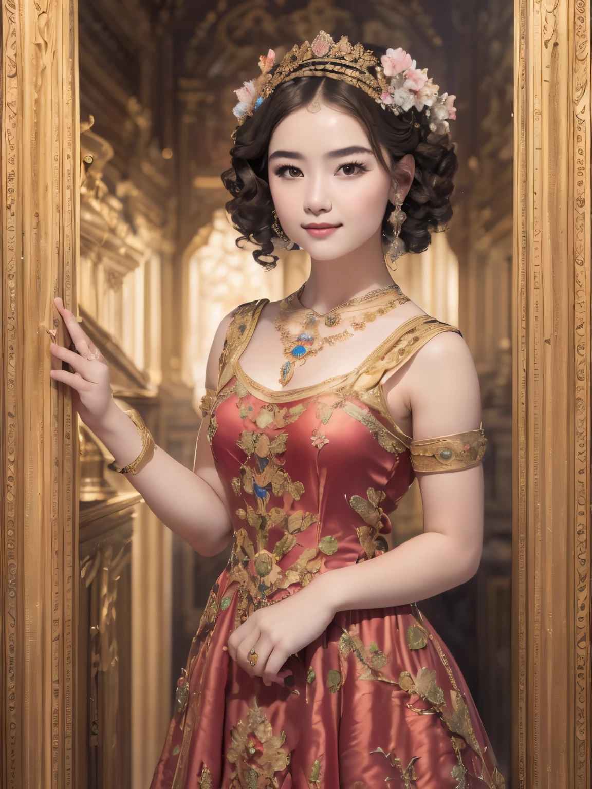 141
(a 20 yo woman,in the palace), (A hyper-realistic), (high-level image quality), ((beautiful hairstyle 46)), ((short-hair:1.46)), (kindly smile), (breasted:1.1), (lipsticks), (is wearing dress), (murky,wide,Luxurious room), (florals), (an oil painting、Rembrandt)