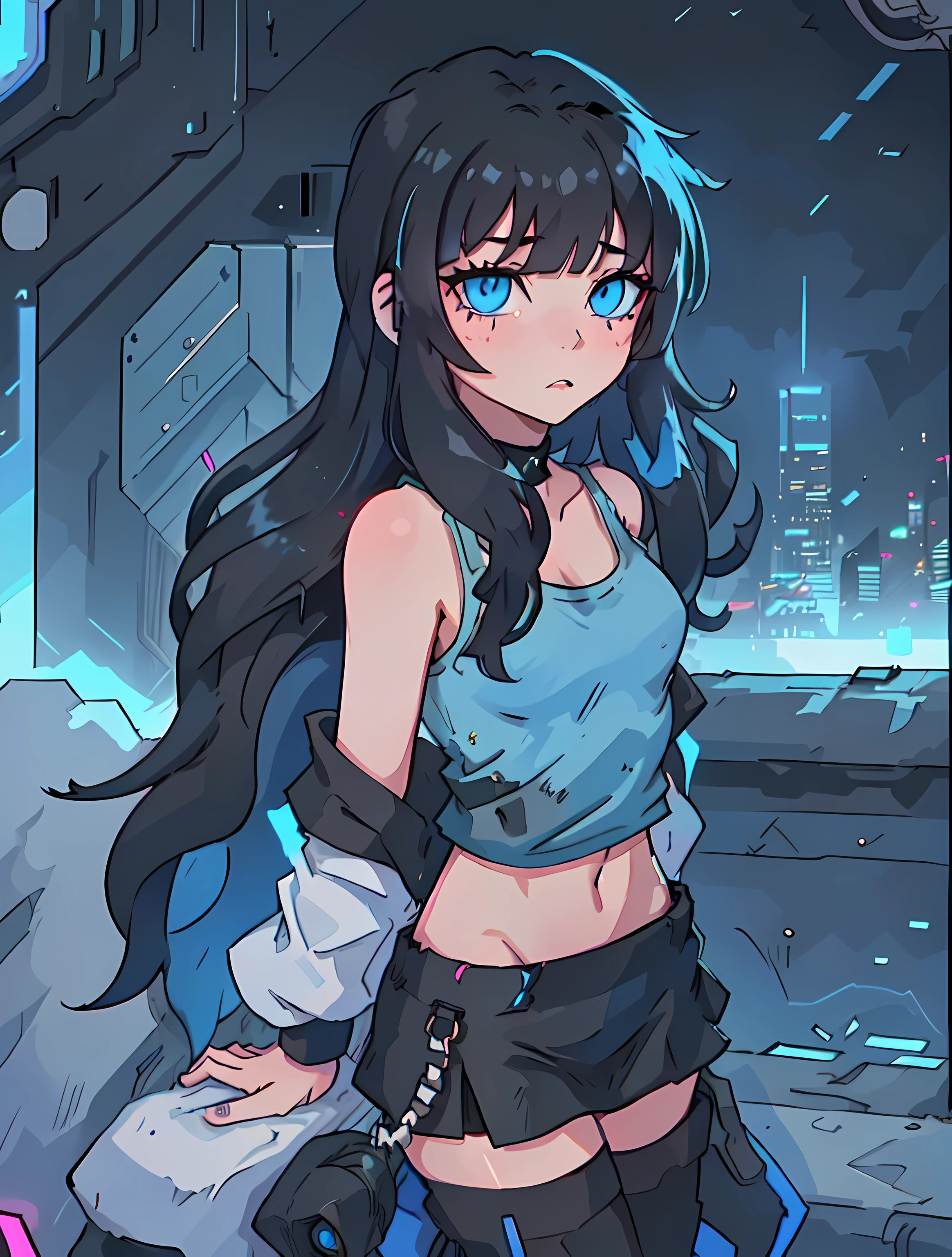 The focus is on a girl with medium to long black hair。Highlight the mechanical city scene with cyberpunk aesthetics. Showcase cyberpunk elements, including skyscrapers, and futuristic details.. Emphasize the girl&#39;s blue eyes, convey a firm gaze.
Highlighting her loneliness. Description of girl wearing short tank top and black skirt. exposing your navel, Side breasts.
