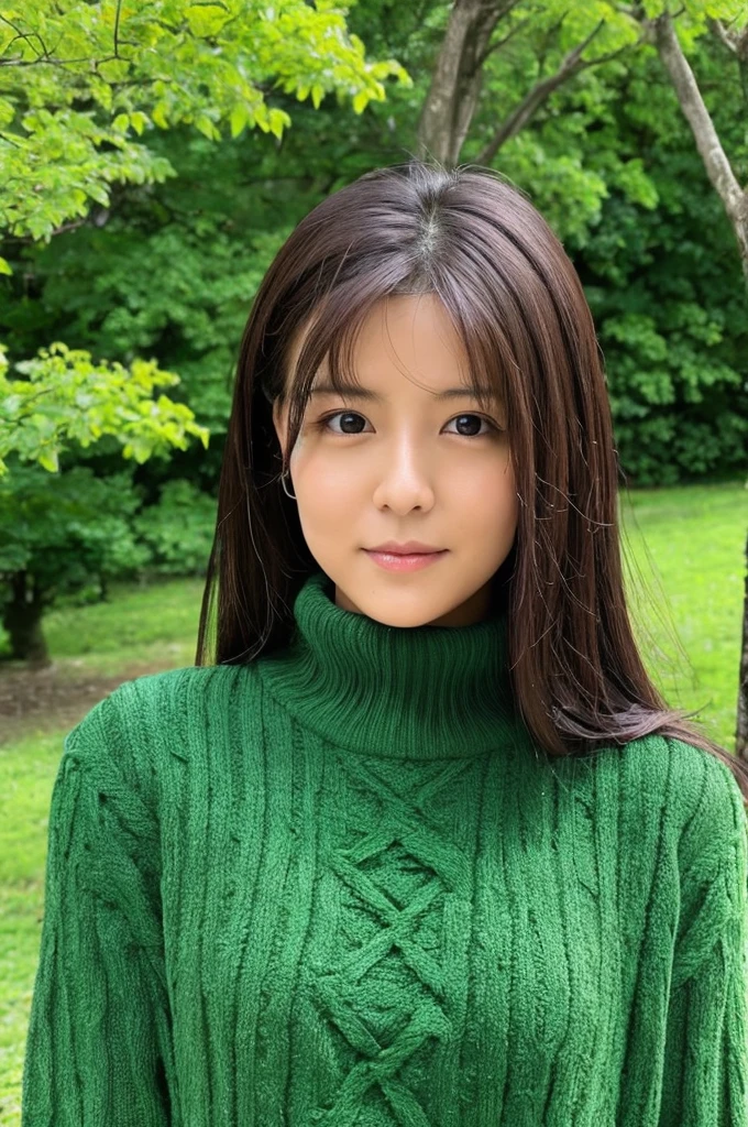Slender Japanese woman looking at the camera、Black turtleneck sweater、Green tree on background々or bushes、hight resolution、high-definition picture