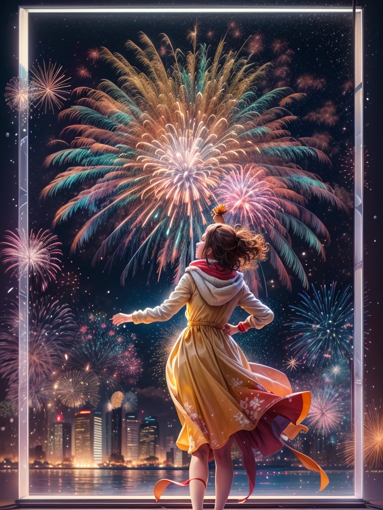 (tmasterpiece),(ultra - detailed:1.3),Best quality,(sparkling fireworks:1.2),(new year celebration:1.4),(at winter season,Men and women wearing couple's down jackets: 1.5),(themoon),New Year's Day Shoorgeous color,crowd of,,Galaxy River,city night scene, and decorations, A world of dreams, Cute design style, natta,Grand celebration,brilliant colorful,Joyful mood,Fireworks explode,celebration atmosphere,permanent memory,vibrant with colors、Just the right color,1.4x more realism,hyper HD,All shown in this beautiful scene,(The content is very detailed,Reasonable design,Clear lines,High- sharpness,tmasterpiece,offcial art,movie light effect,8K)