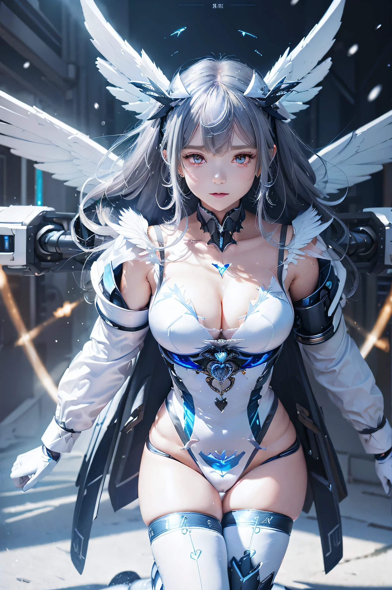 {{{masutepiece}}}, {{The highest image quality}}, {{Super Detail}}, {{8k cg wallpaper}}, {{Perfect Anatomy}}, {{High definition and beautiful images, reality, Live action, gravure}}, Heart-shaped face, Woman, silver hair blue highlights, White and blue leotard, head bow and circlet, Blue light emitting unit for mechanical parts, knee sox, Long gloves, (Clothes are mechanical parts, All other clothing is unprocessed), spirit peak, Powder snow, Diamond Dust, Large breasts, cleavage, thighs thighs thighs thighs, shoulder bangs, (A large pair of mechanical angel wings, Two beam cannons at the base of Mecha Angel wings. ):1.4, Beam gun base on seat, Snow-covered peaks, Sitting on Rock, (Angle of view above the knee, facing front, looking in camera)