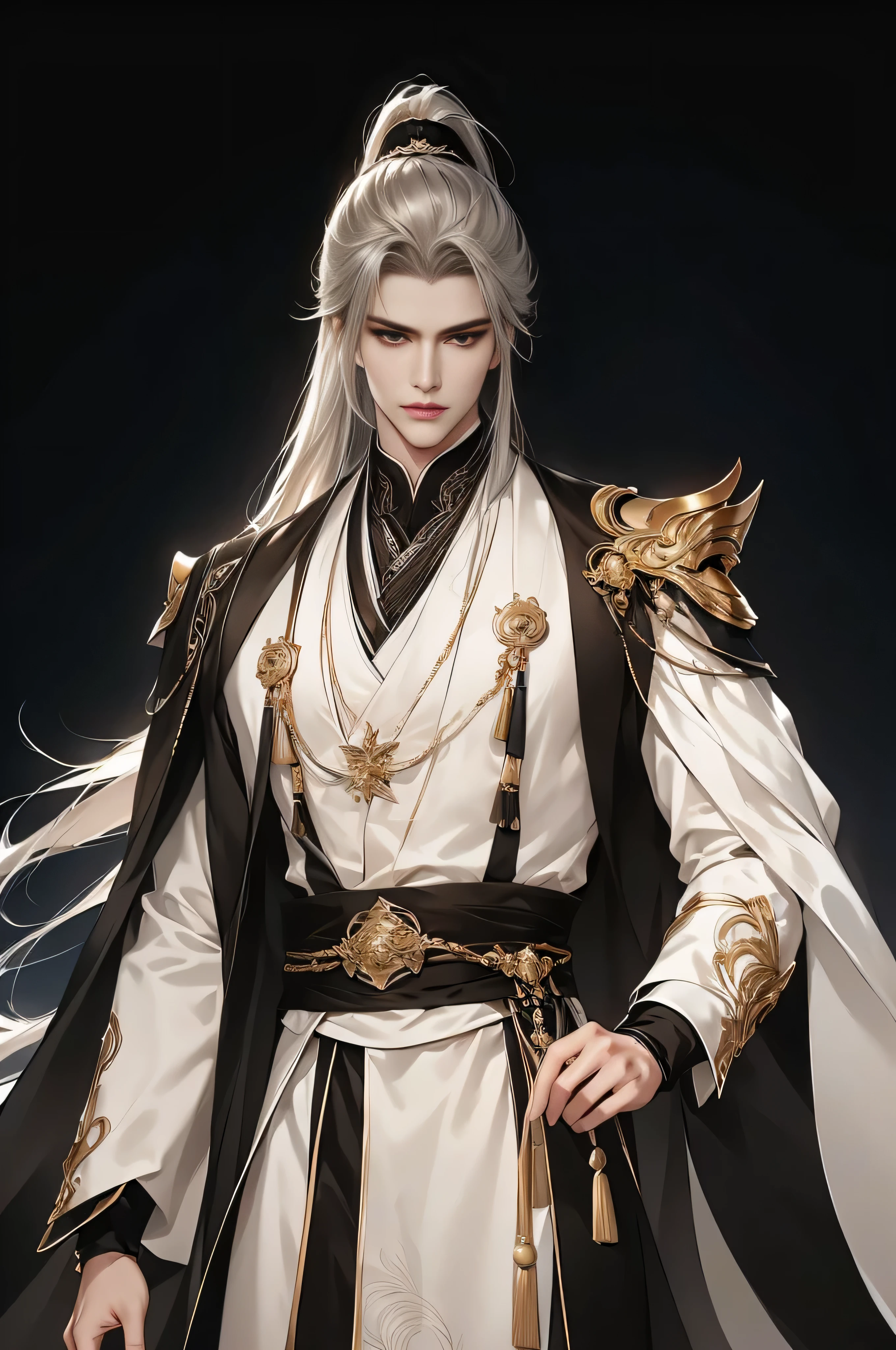 Chinese men，Close-up of the upper body，white hair on shoulders，（Whole-body proportions）The proportions are correct，Face details，（glowing light eyes），Handsome face，High ponytail hairstyle，（（white color hair））Neck details，gold shell，detailed，（（all white robe）），white and gold robes，clothes details，surrender，longer sleeves，Game quality，Light and shadow tracking，Ray traching，detailed发光，cg render，hair detail，（White is long hair），，Handsome face，Clothing is complicated，Perfectcomposition，Refinement，high high quality，More detailed，A lot of detail，The background is complex，a sense of atmosphere，solid black background，high high quality，（with a pure white background）