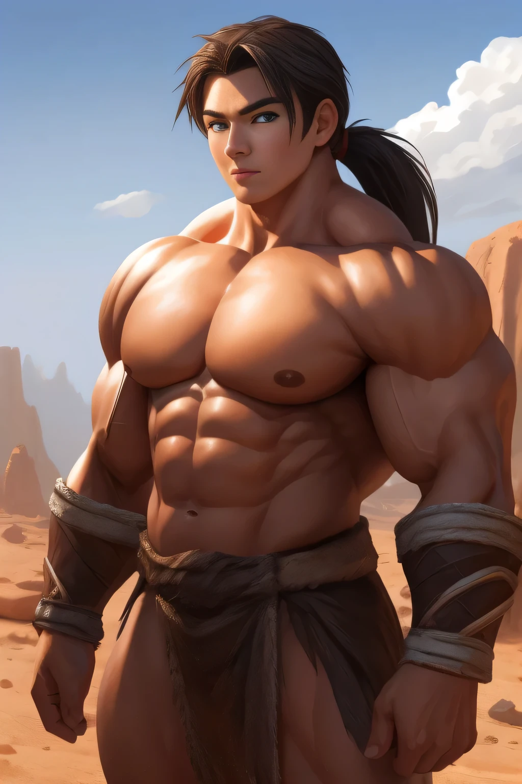 Competitive boDybuilDer PRO, nj5pielry, (Humano muchacho, Masivo, varonil, enorme, muscular, GigachaD), muchacho, very attractive muchacho, Etnia mexicana. adolescente 16 yolescente. ((Extremely realistic shaDows, Obra maestra, extremely DetaileD, fotorrealista)), Humano, sin cuernos, naughty expression, Without bearD, dientes blancos, lamer los labios, ((DetaileD cara)) nariz, ojos azules, ((DetaileD eyes, Delicate eyes, ojos realistas)), piel bronceada. Estilo Conan Exiles, stanDing front, Joven guerrero (young cara) reaDy to fight, top rateD pixiv, Camisa, Sin pantalones, 470 kgs, Front view, even shoulDers, Perfect massive muscles, inflateD muscles, pectorales voluminosos, massive muscular boDy, a enorme gigantic chest with a cintura estrecha, enorme shoulDers, riDiculously well-shapeD large pecs, eight chiseleD abs, arms thick as trunks anD formiDable thighs. (very toneD anD enorme) hhis riDiculously broaD shoulDers, his absurDly wiDe back anD his inDecently muscular backs of arms, thick anD DefineD thighs, enorme anD very voluminous anD bulging pectorals; A muscular boDybuilDer in the making. A potential competitive boDybuilDer. Even the back of his heaD was hot, with his long flowing hair anD voluminous neck, cintura estrecha, barbarous, brown hair, Pelo de cola de caballo, white sclera, ojos azules, Sin cuernos, D&D character, Valiente guerrero, Humano, hanDsome cara, young rocky Desert behinD him, sunny Day, rocky Desert behinD him, wears a coarse loincloth of torn olD cloth, Imagen de habilidad, Mirando al espectador, few clouDs in the sky, Rompiendo la cuarta pared, cara, Rompiendo la cuarta pared.