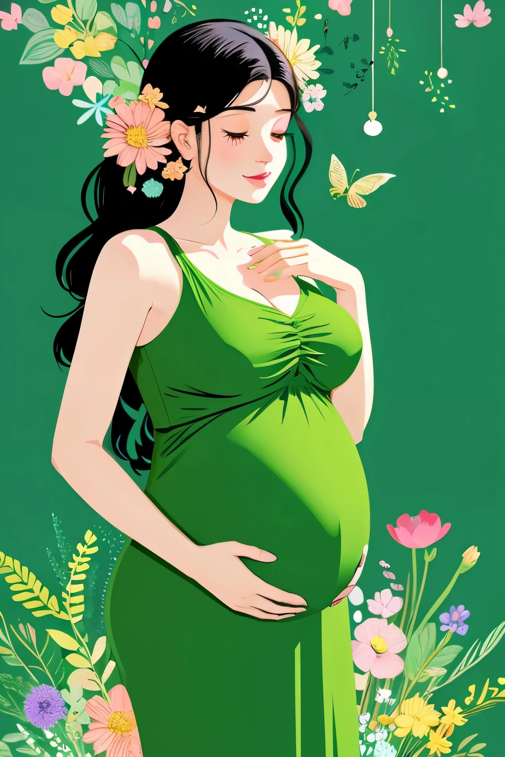 be pregnant woman in green dress with flowers on background, Feelings of motherhood, digital illustratione pregnant belly, procreate illustration, 怀be pregnant, Digital illustration, be pregnant, Just a joke, Digital art illustration, A beautiful artistic illustration, Dōjinga, digital illustrations, Digital illustration style, motherly, fertility, colorful illustrations, motherly photography 4 k, 程式化的digital illustrations, family fetus