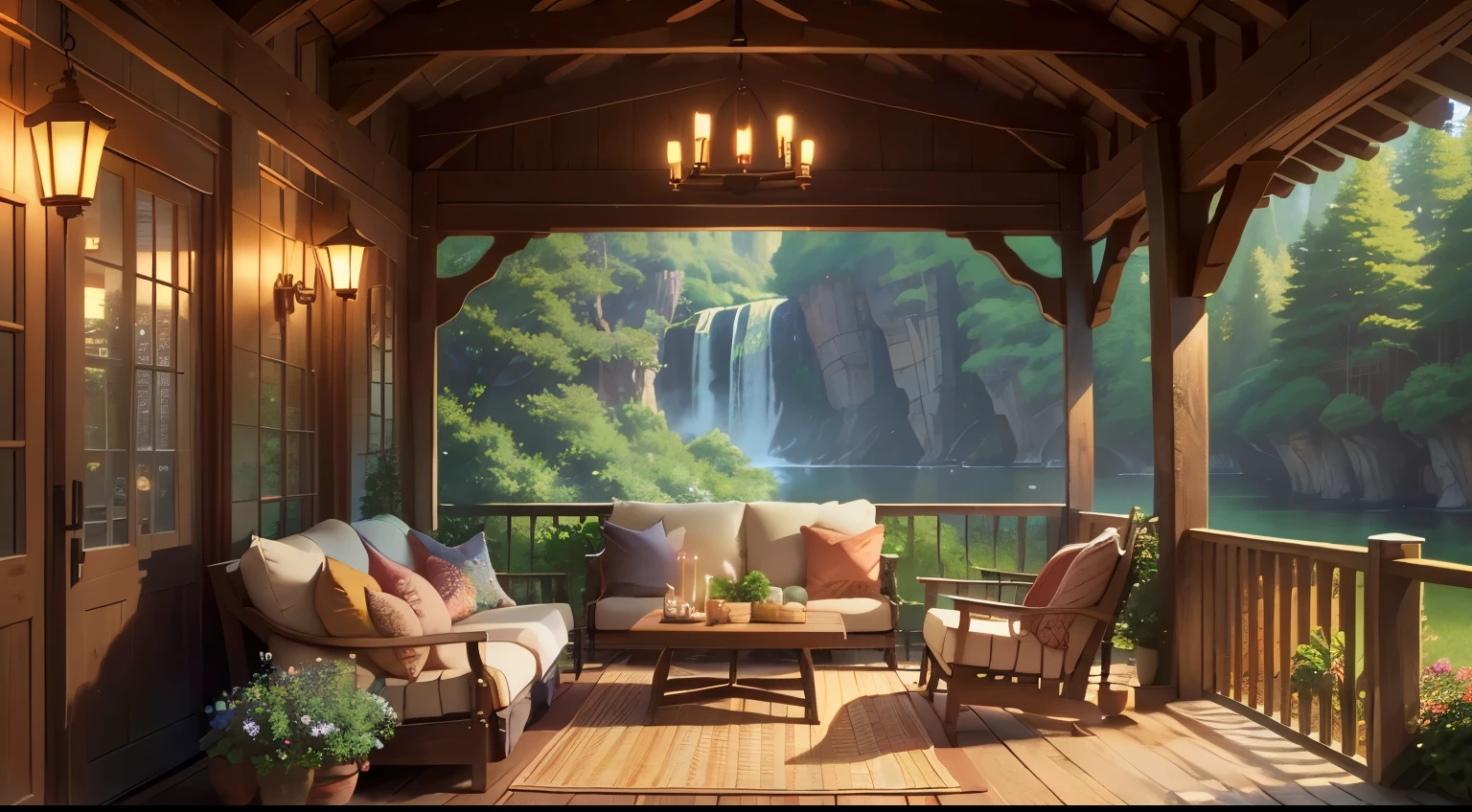 arafed porch with a couch and a table with candles, cozy place, cozy and peaceful atmosphere, comfy ambience, cozy setting, cozy atmospheric, cozy atmosphere, soothing and cozy landscape, cozy and calm, cozy home background, pleasant cozy atmosphere, cozy aesthetic, relaxing atmosphere, cosy atmosphere, beautiful ambiance, cottagecore, detailed scenery —width 672, studio ghibli environment, highly detailed scene, environment design illustration, beautiful anime scene, ghibli studio style, anime scenery, detailed soft painting, environment painting
