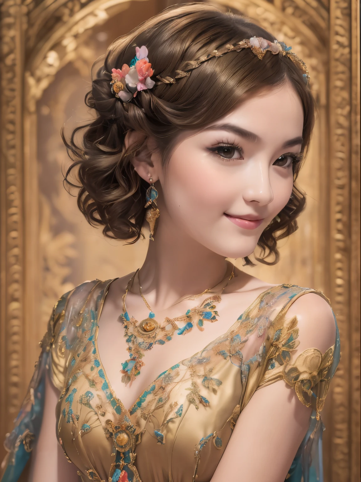 141
(a 20 yo woman,in the palace), (A hyper-realistic), (high-level image quality), ((beautiful hairstyle 46)), ((short-hair:1.46)), (kindly smile), (breasted:1.1), (lipsticks), (is wearing dress), (murky,wide,Luxurious room), (florals), (an oil painting、Rembrandt)