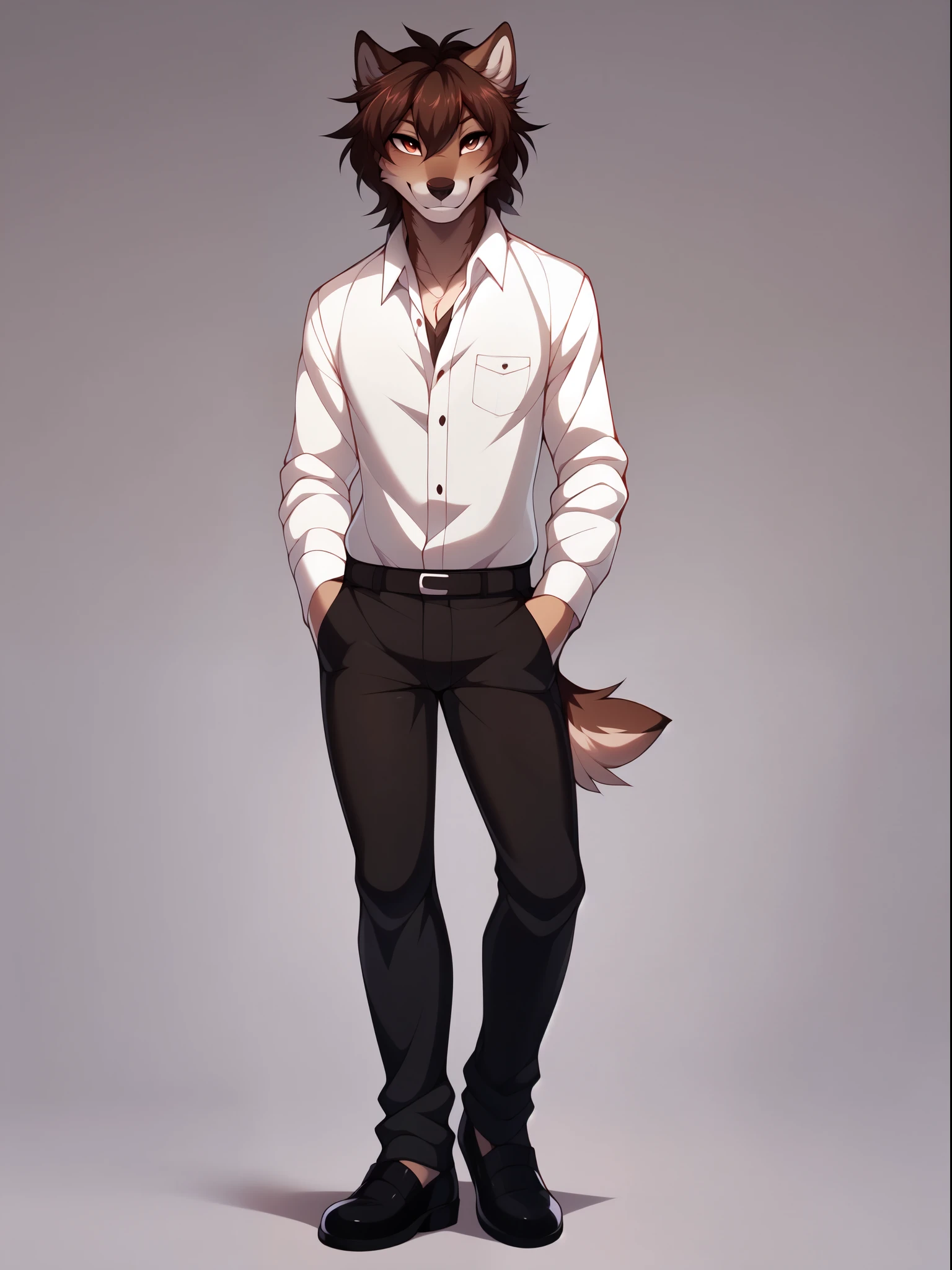 Solo:1.3, Jaiden, brown wolf male, detailed brown eyes, white sclera, wearing white button up shirt, by hyattlen, by braeburned, by fumiko, by zaush, grinning, high resolution,