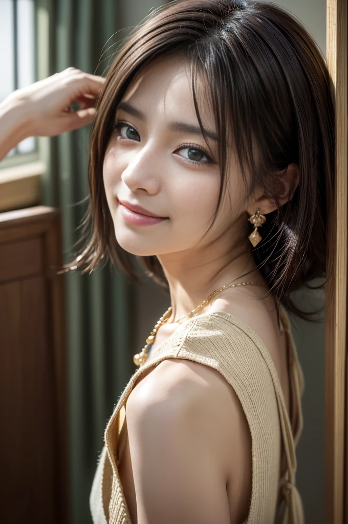 ((Photoreal Stick:1.5, masutepiece:1.5, RAW shooting, 8K)), ((top-quality, ​masterpiece, 超A high resolution)), morning, sunrises, ((Intense sunlight:1.6, Sunlight coming in from behind:1.7, morning日の陽光が画面いっぱいに広がる:1.7)), ((The entire screen appears white and hazy:1.8)), ((morningの日差しが女性を照らす:1.8, 女性はmorningの日差しでぼんやりと見える:1.9)), Face Sharp Focus:1.3, Professional camera work:1.3, Highly detailed skin and facial texture:1.3, Grow Light Effect, The ultra-detailliert:1.3, 1girl in, Fair skin, (Sense of clarity:1.4, a small face), Extremely beautiful face:1.5, (Sense of clarityを感じる目:0.9, looking distantly), A smile:1.0, i love you completely:0.8, (Slightly open mouth:0.4, Sense of clarityを感じる口当たり:0.7), 二重まぶた, Dark brown medium hair, necklace and earrings