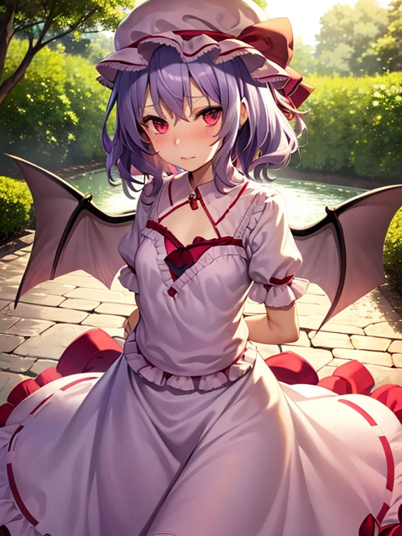 ,best qualtiy, 1 girl in,remilia scarlet,purple hair short、C Cup、Headroom、cute little、embarrassed from、Red cheeks