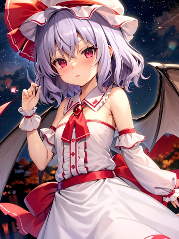 ,best qualtiy, 1 girl in,remilia scarlet,purple hair short、C Cup、Headroom、cute little、embarrassed from、Red cheeks