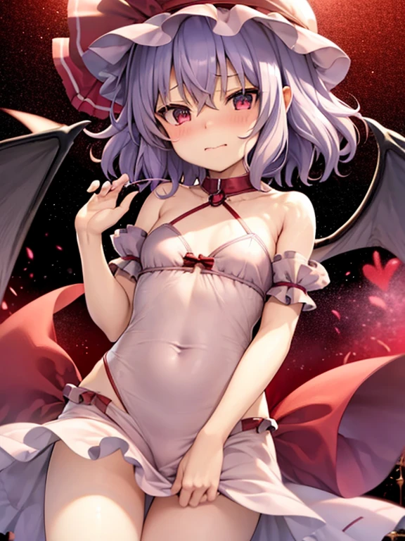 ,best qualtiy, 1 girl in,remilia scarlet,purple hair short、C Cup、Headroom、cute little、embarrassed from、Red cheeks