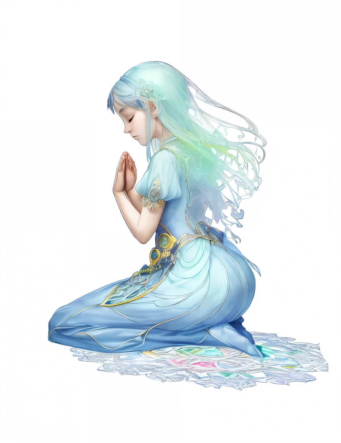 (masterpiece, top quality, best quality,official art, beautiful and aesthetic:1.2),(1girl:1.3), 1girl BREAK stained glass art, colored glass, lead lines, light transmission BREAK vibrant colors, intricate designs, luminous effects, spiritual ambiance, kneeling, eyes closed, praying hands