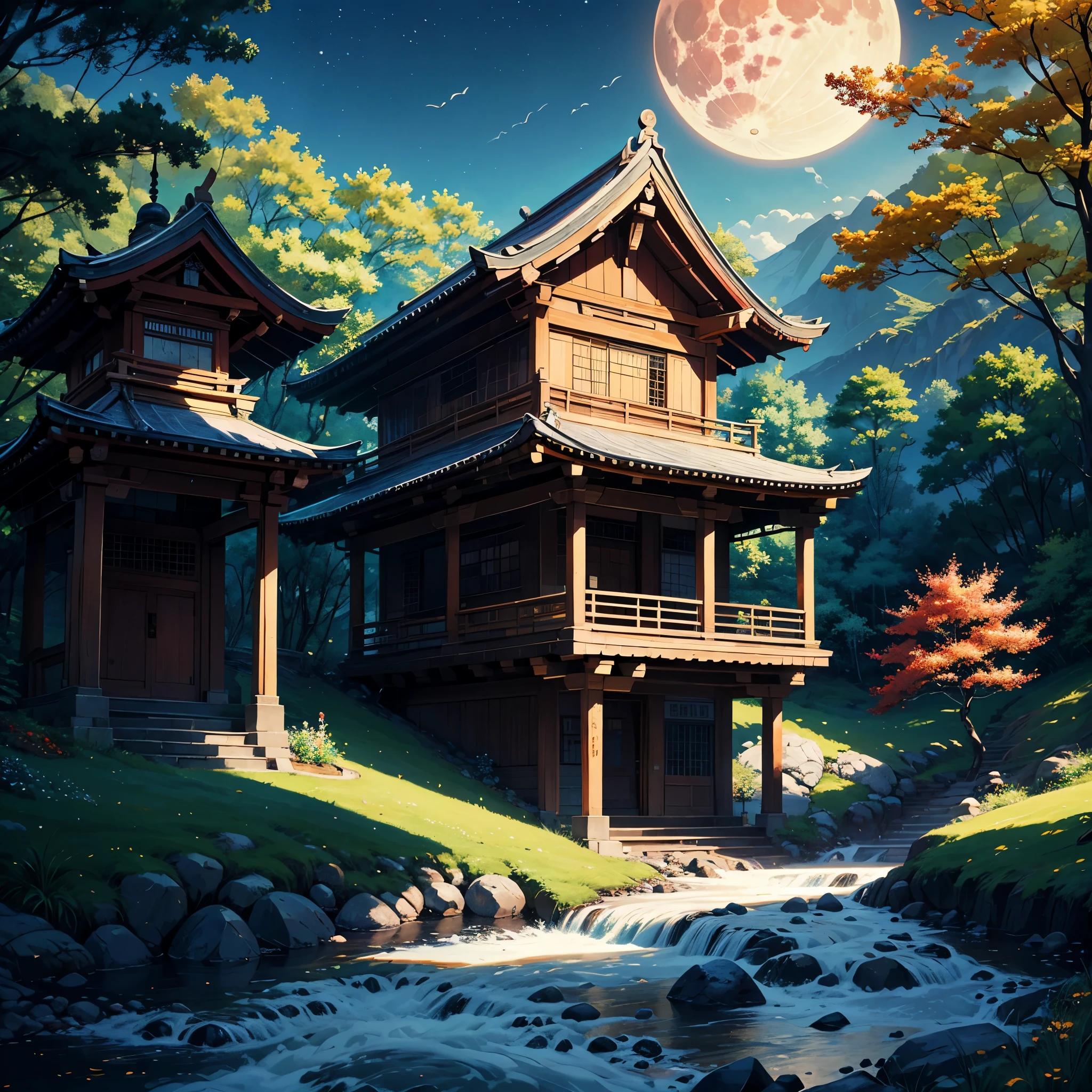 Best Quality、masutepiece、8K、Landscape painting、shrines、falls:1.2、Colored leaves:1.2、fullmoon