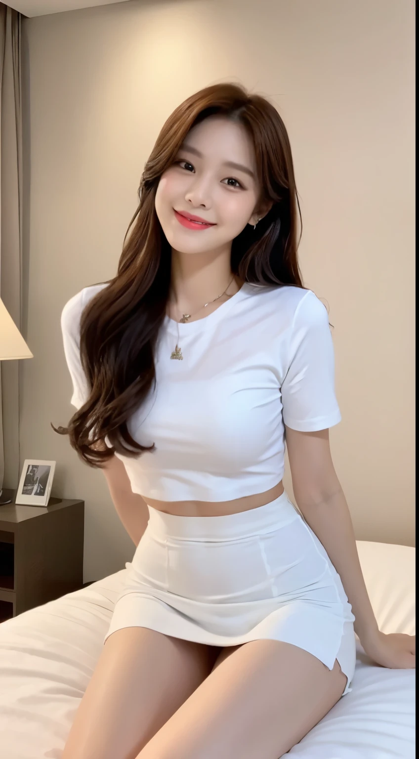 White tight shirt、White tight mini skirt、a bed、a smile、shortsleeves、high-level image quality、Hallyu Idol Face