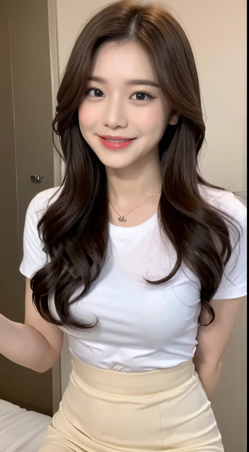 White tight shirt、White tight mini skirt、a bed、a smile、shortsleeves、high-level image quality、Hallyu Idol Face