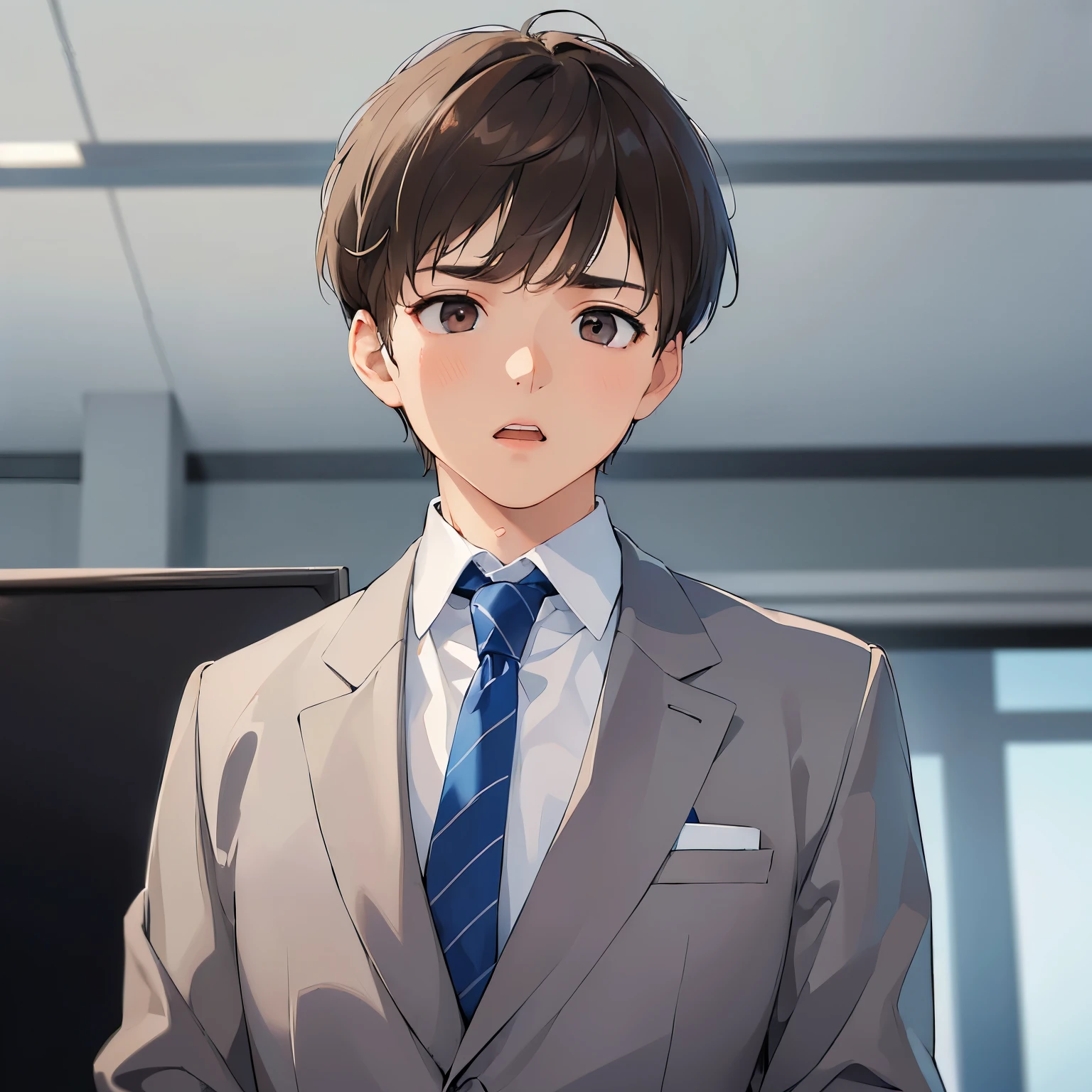 (looking away:1.5), Shooting from below、masterpiece、hightquality、25 year old brown eyed man with short brown hair、(Wearing a gray suit:1.2)、white shirt、blue tie、(Alone:1.5)、(disappointed:1.1)、open mouth, (Only the upper body is shown.:1.3)、The background is office、Bold composition、
