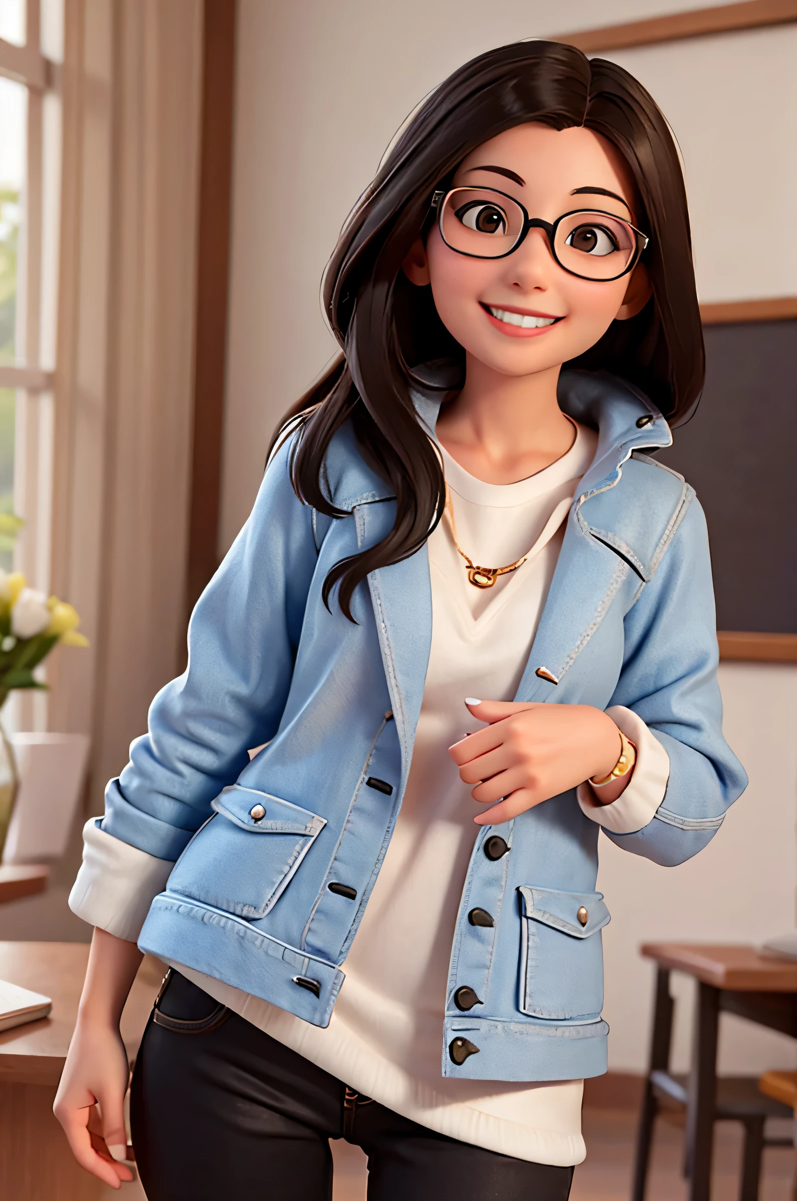 Mulher morena com pele branca, 30 anos, professor, cabelos pretos, olhos negros, wearing prescription glasses, sorridente, wearing jacket