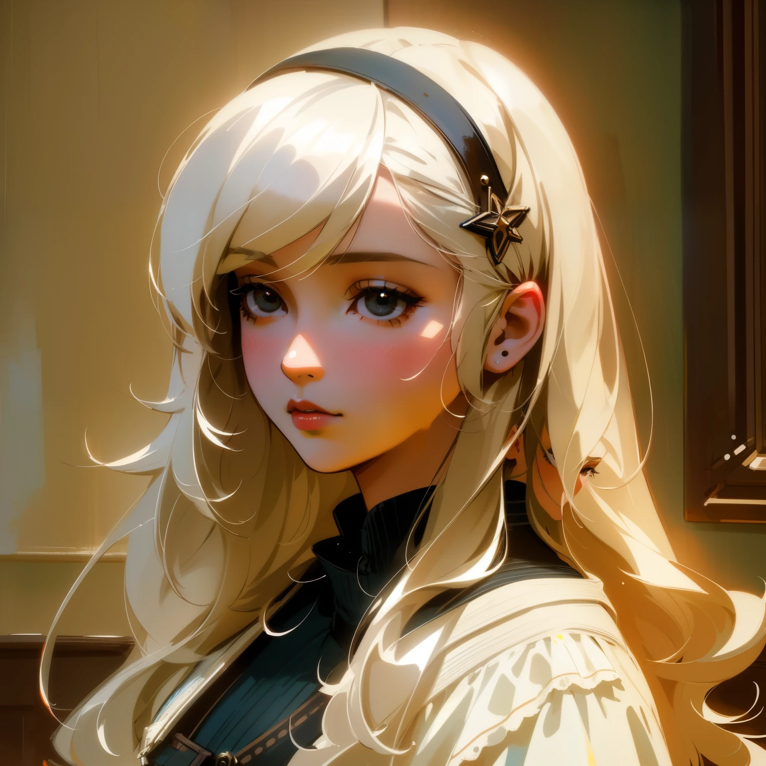 Generate an image of a young British girl with long white hair and black eyes. (Portrait, Semi-Realistic Style, Indoor Setting, Natural Lighting, Medium Quality, Subtle Noise, Cool Colors, Realistic Brushwork, DeviantArt Influence, Vintage Clothing, Macro Lens)