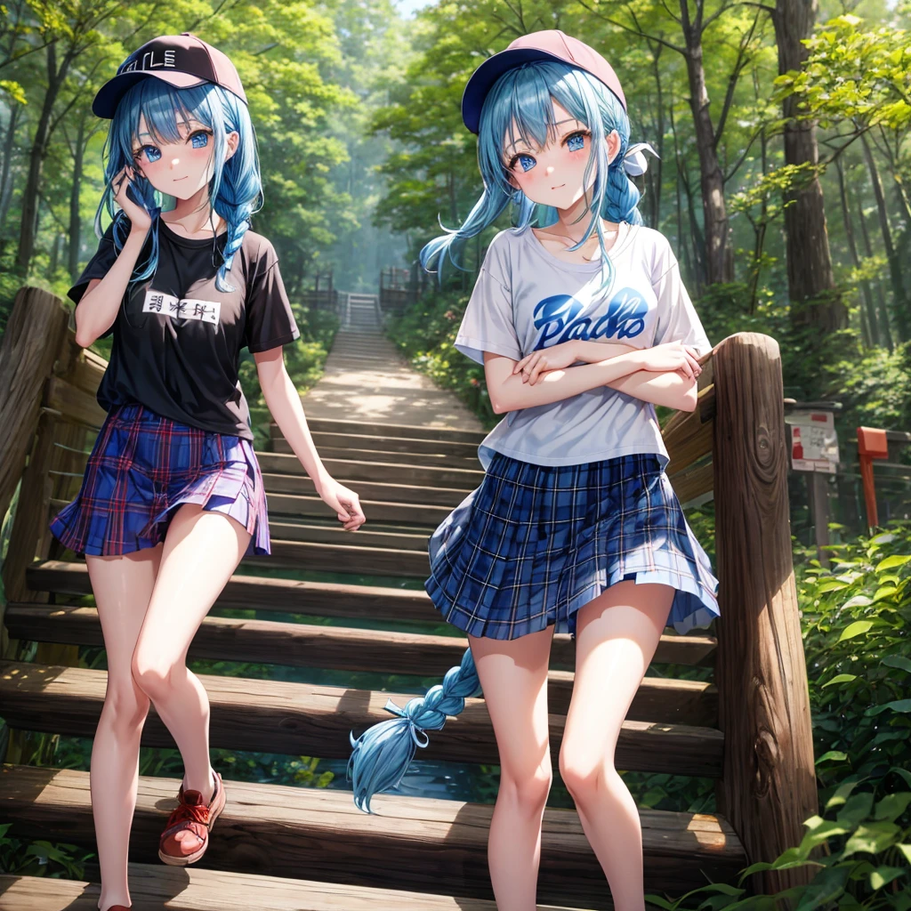 Blue hair、blue eyess、Braids、one good looking girl、独奏、animesque、Plaid miniskirt、Black T-shirt、camisole、the woods、Sunlight、Wearing a plaid baseball cap、bare-legged、Tilting your face、Walking、Crossing a log bridge while keeping balance、Doing the ribbon、have a twig、climbing the wooden stairs、falls