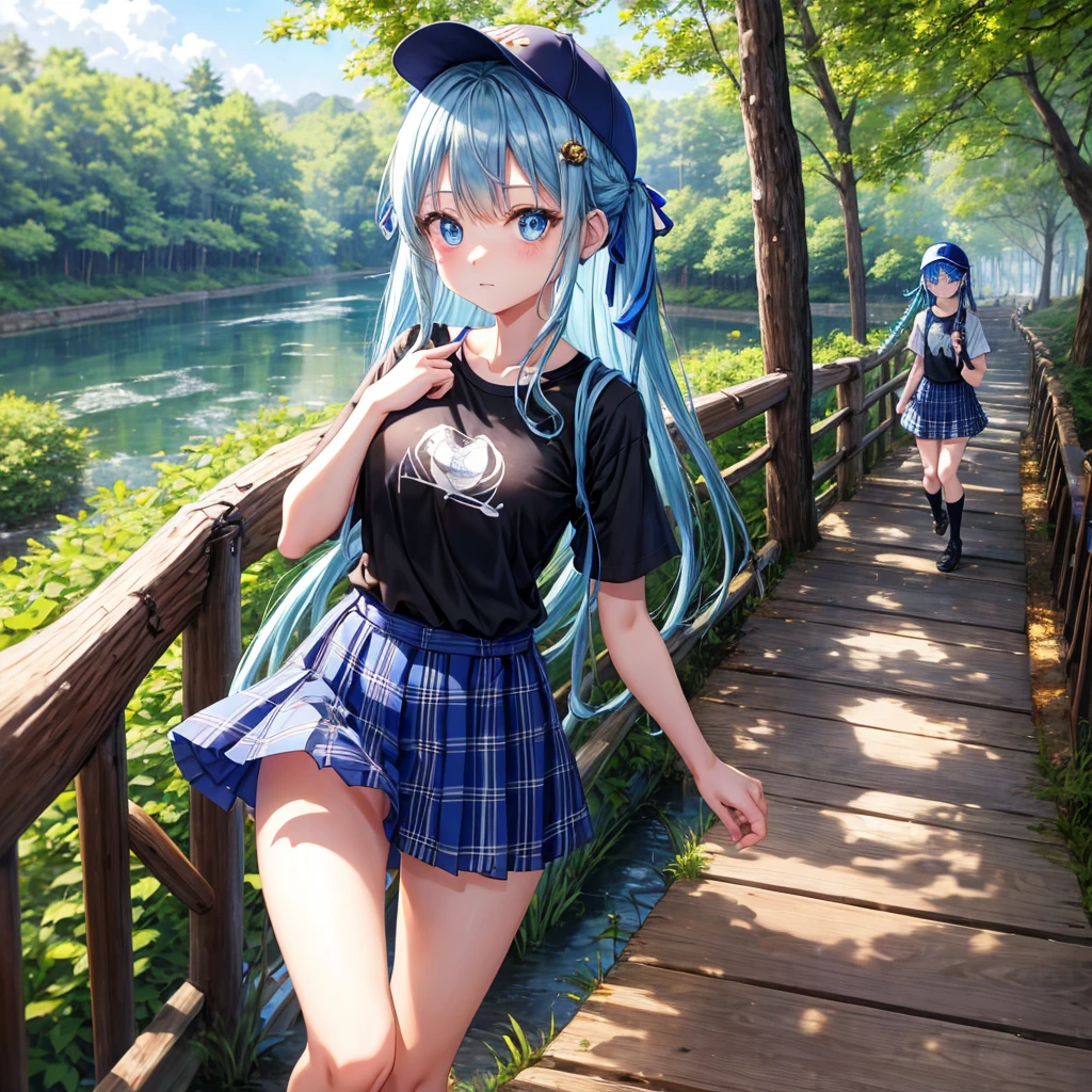Blue hair、blue eyess、Braids、one good looking girl、独奏、animesque、Plaid miniskirt、Black T-shirt、camisole、the woods、Sunlight、Wearing a plaid baseball cap、bare-legged、Tilting your face、Walking、Crossing a log bridge while keeping balance、Doing the ribbon、have a twig、climbing the wooden stairs、falls