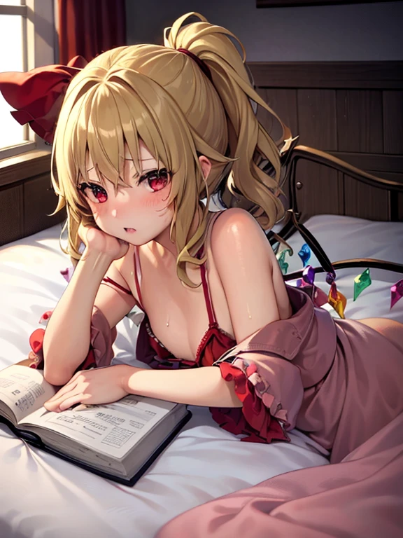 ,best qualtiy, 1 girl in,Flandre Scarlet,Blonde ponytail、C Cup、Innocence、embarrassed from、Bedrooms、amateur
