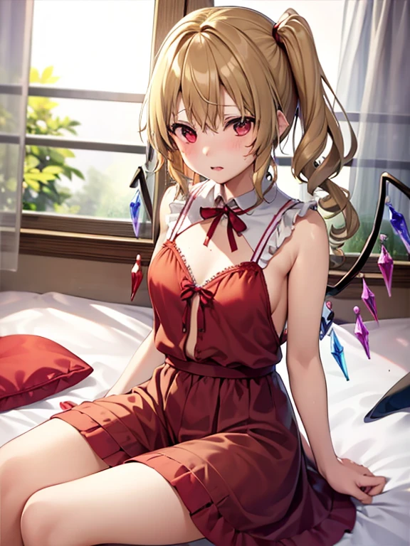 ,best qualtiy, 1 girl in,Flandre Scarlet,Blonde ponytail、C Cup、Innocence、embarrassed from、Bedrooms、amateur