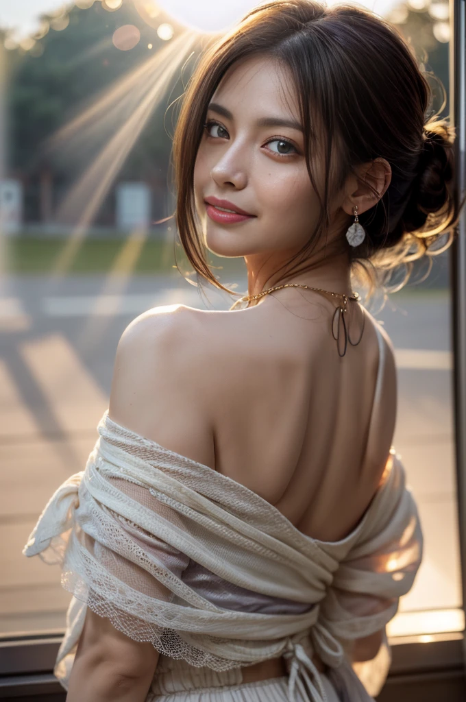 ((Photoreal Stick:1.5, masutepiece:1.5, RAW shooting, 8K)), ((top-quality, masterpiece, 超A high resolution)), early morning, sunrises, ((Sunlight coming in from behind:1.7, The sunlight of the morning sun spreads across the screen:1.7)), ((The morning sun shines on the woman:1.8)), ((The entire screen appears white and hazy:1.8)), ((The woman looks dim in the morning sunlight:1.9)), Face Sharp Focus:1.3, Professional camera work:1.3, Highly detailed skin and facial texture:1.3, Grow Light Effect, The ultra-detailliert:1.3, 1girl in, Fair skin, (Sense of clarity:1.4, a small face), Extremely beautiful face:1.5, (Sense of clarityを感じる目:0.9, looking distantly), A smile:1.0, i love you completely:0.8, (Slightly open mouth:0.4, Sense of clarityを感じる口当たり:0.7), 二重まぶた, Dark brown medium hair, necklace and earrings