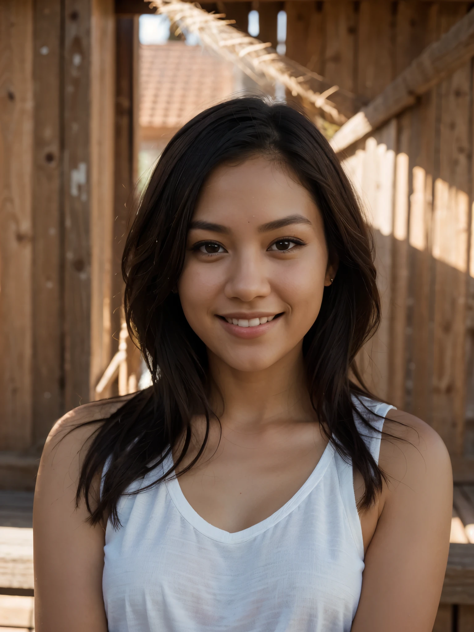 photorealistic, best quality, hyper detailed, cute Hawaiian girl, very short, skinny, long dark hair, curvy, lips open with a smile, detailed face, detailed lips, best shadow, RAW, instagram LUT, at the Grand Canyon