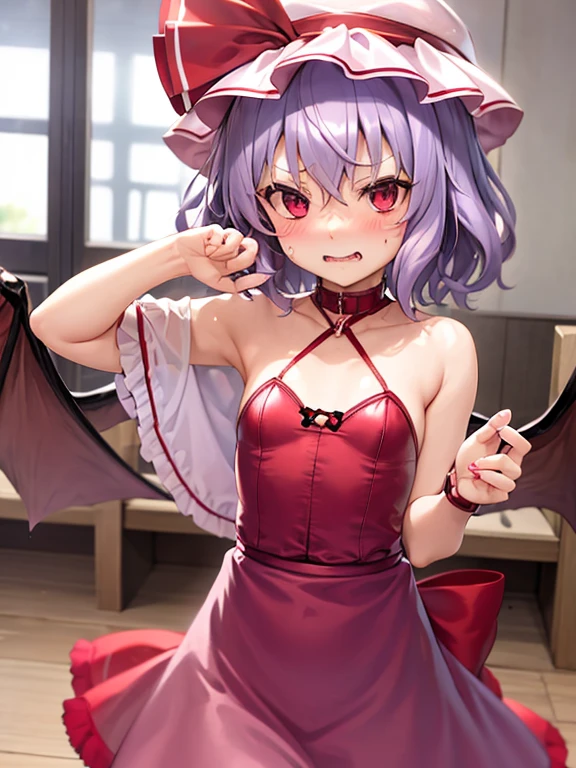 ,best qualtiy, 1 girl in,remilia scarlet,purple hair short、C Cup、embarrassed from下着、cute little、embarrassed from、Red cheeks