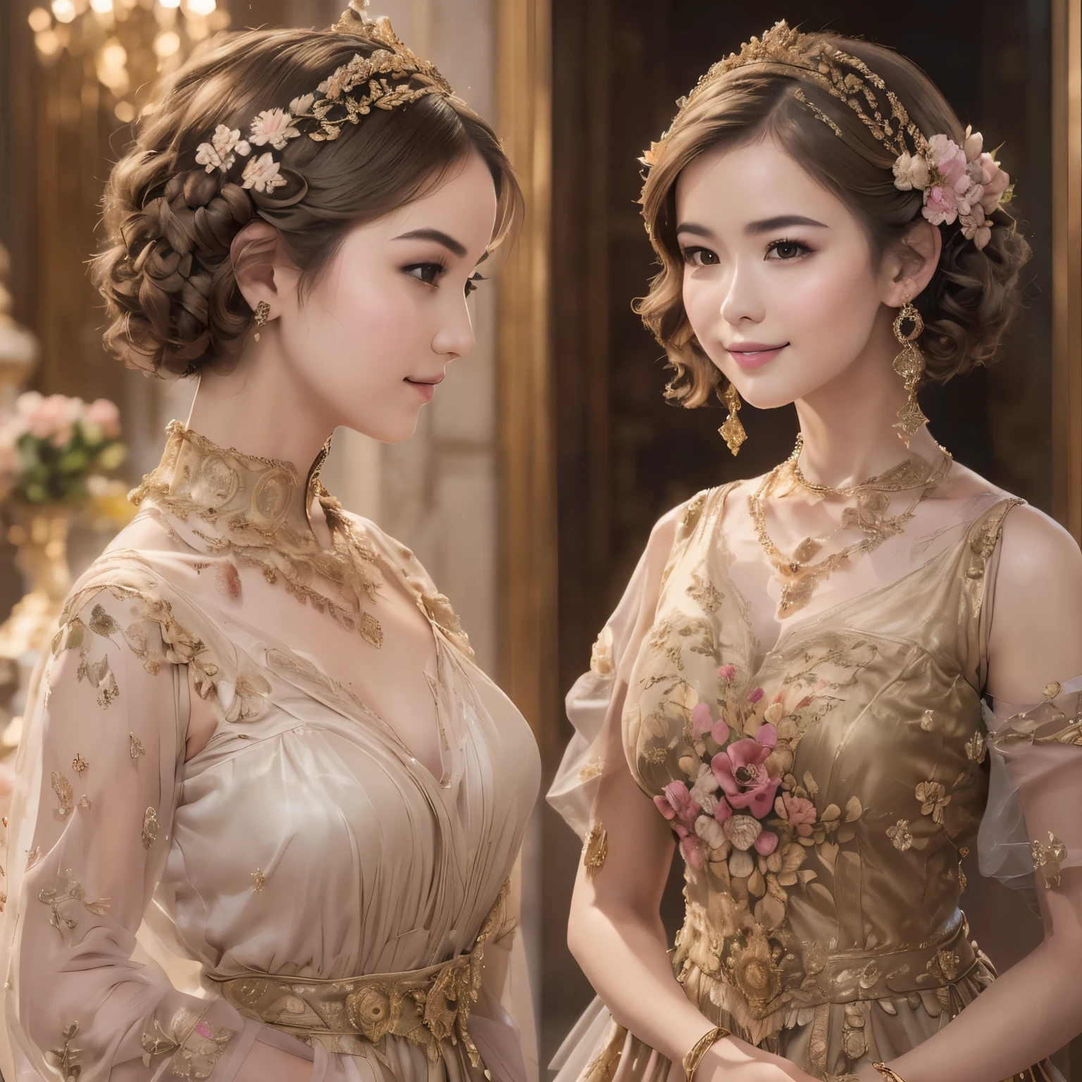 141
(a 20 yo woman,in the palace), (A hyper-realistic), (high-level image quality), ((beautiful hairstyle 46)), ((short-hair:1.46)), (kindly smile), (breasted:1.1), (lipsticks), (is wearing dress), (murky,wide,Luxurious room), (florals), (an oil painting、Rembrandt)