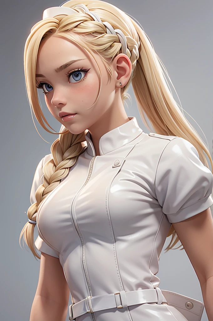 1girl, Blonde braided hair, Warrior, dressed in Glossy White Leather, also she's a Nurse, on the battle field.