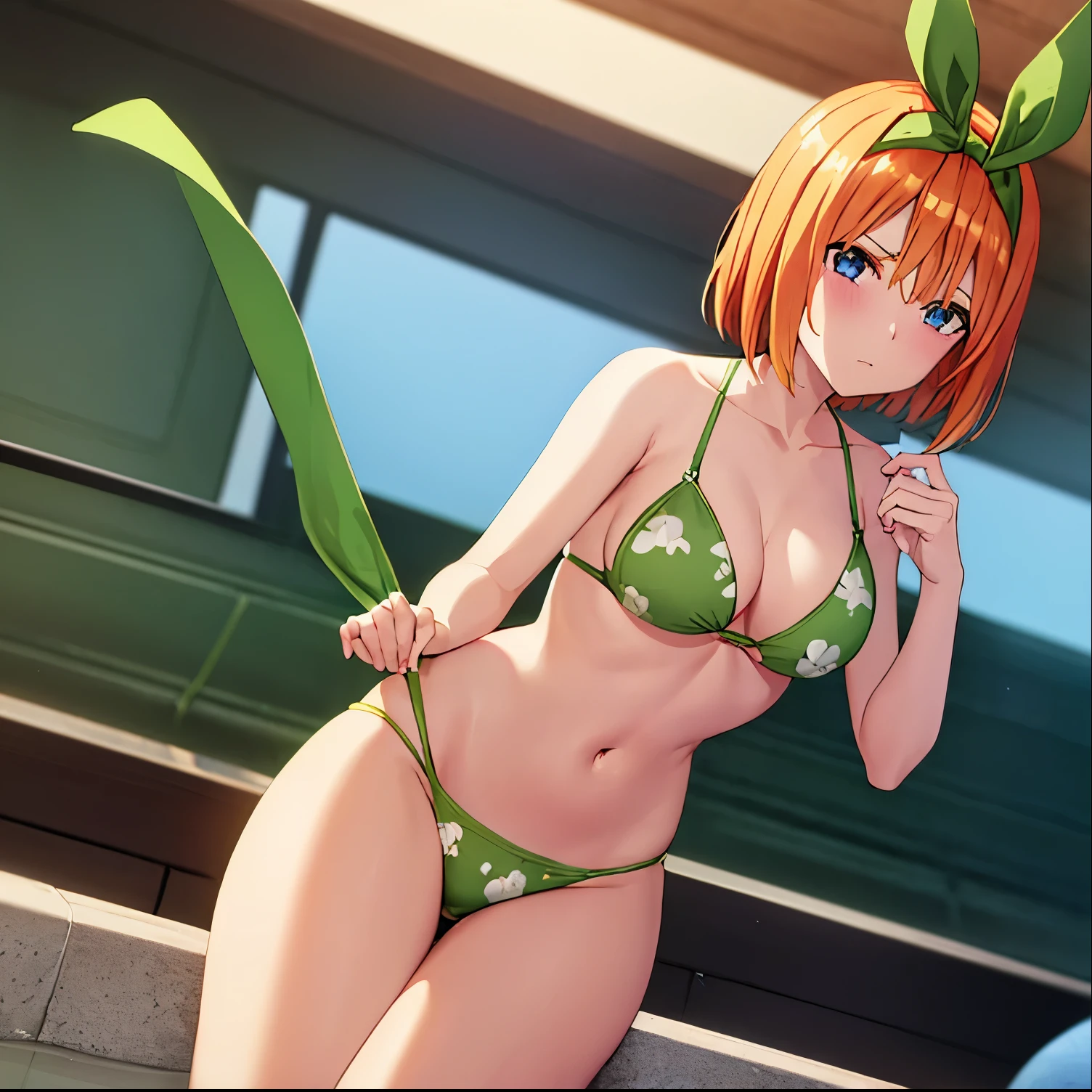 1girl, alone , yotsuba nakano, bangs, short hair, blue eyes, hair between eyes, hair ribbon, hairband, orange hair, (green ribbon:1.5),
BREAK navel, bare shoulders, collarbone, swimsuit, bikini, side-tie bikini bottom, halterneck, floral print, yellow bikini, green bikini, print bikini,
BREAK indoors, pool, swimming pool,
BREAK looking at viewer, (cowboy shot:1.5),
BREAK (masterpiece:1.2), best quality, high resolution, unity 8k wallpaper, (illustration:0.8), (beautiful detailed eyes:1.6), extremely detailed face, perfect lighting, extremely detailed CG, (perfect hands, perfect anatomy),