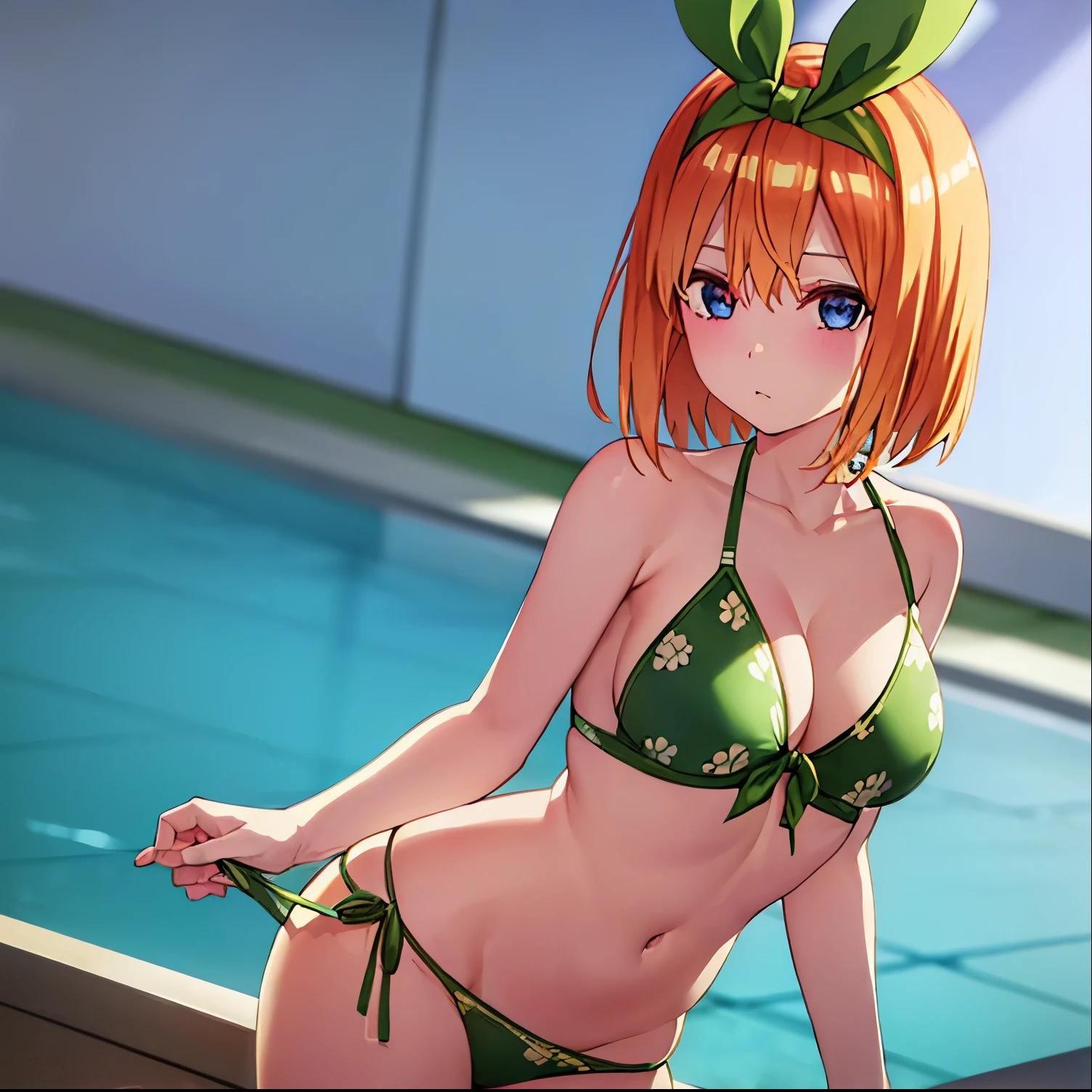 1girl, alone , yotsuba nakano, bangs, short hair, blue eyes, hair between eyes, hair ribbon, hairband, orange hair, (green ribbon:1.5),
BREAK navel, bare shoulders, collarbone, swimsuit, bikini, side-tie bikini bottom, halterneck, floral print, yellow bikini, green bikini, print bikini,
BREAK indoors, pool, swimming pool,
BREAK looking at viewer, (cowboy shot:1.5),
BREAK (masterpiece:1.2), best quality, high resolution, unity 8k wallpaper, (illustration:0.8), (beautiful detailed eyes:1.6), extremely detailed face, perfect lighting, extremely detailed CG, (perfect hands, perfect anatomy),