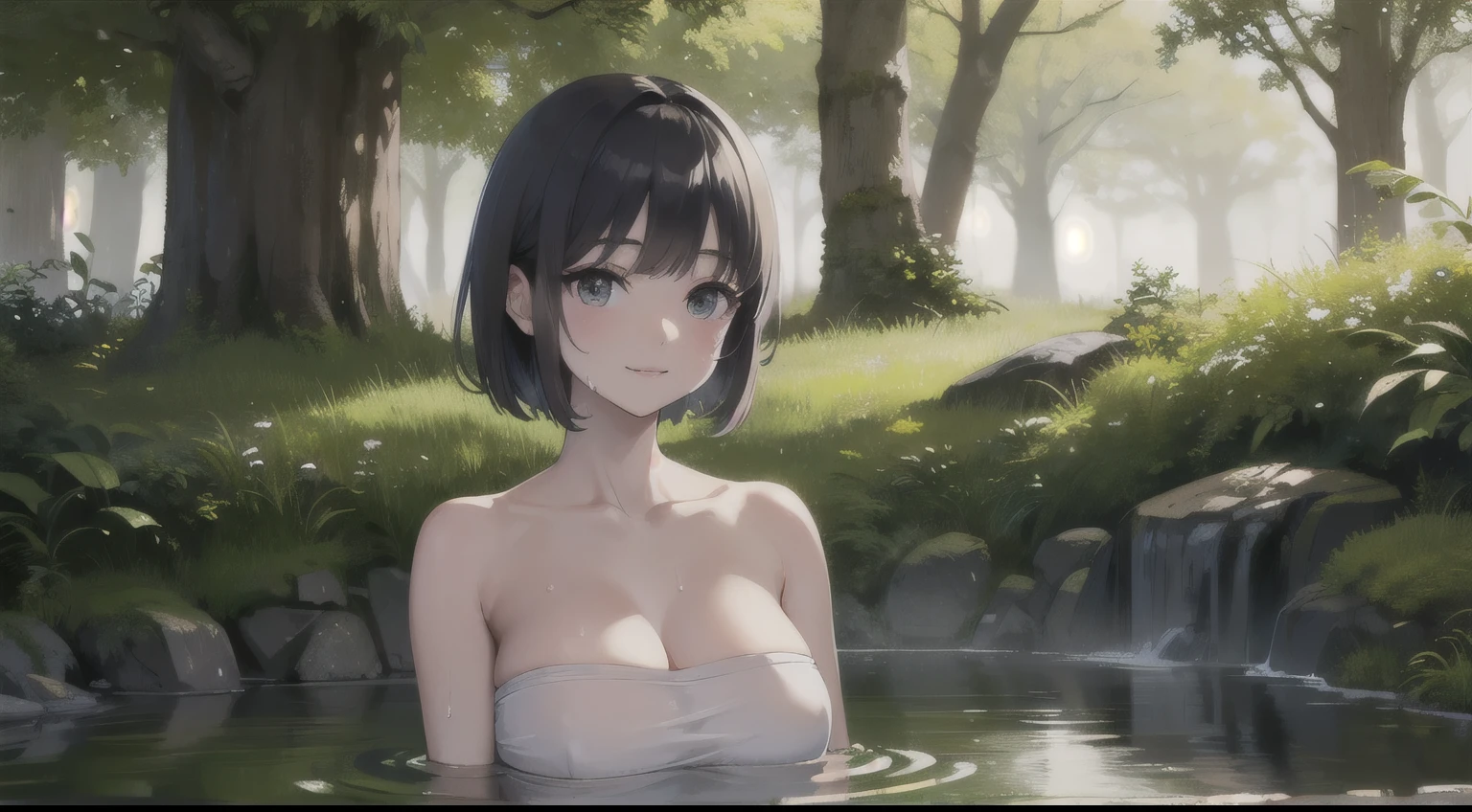 Best quality, masterpiece, super high resolution, a super model soaking in a hot spring in Japan, outdoor hot spring, stone hot spring, surrounded by moss and trees, super beautiful face, pure body, clear pores visible, big boobs, waer towel, bob hair model, (smile:0.8), wearing split (lace bandeau:1.2), (realism:1.5), original photo, soaked body, covered in sweat, bare shoulders, in the dark, deep shadows, low-key, cold light