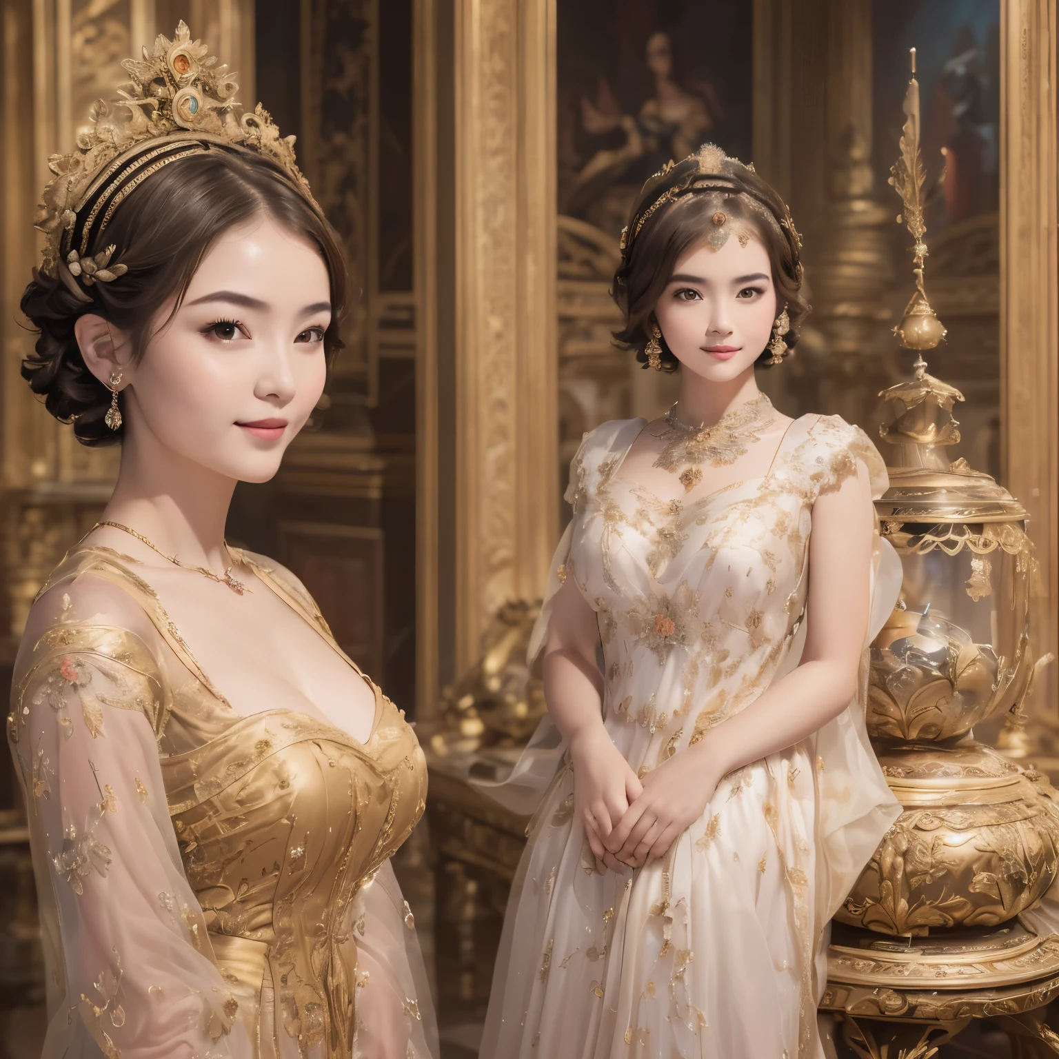 141
(a 20 yo woman,in the palace), (A hyper-realistic), (high-level image quality), ((beautiful hairstyle 46)), ((short-hair:1.46)), (kindly smile), (breasted:1.1), (lipsticks), (is wearing dress), (murky,wide,Luxurious room), (florals), (an oil painting、Rembrandt)