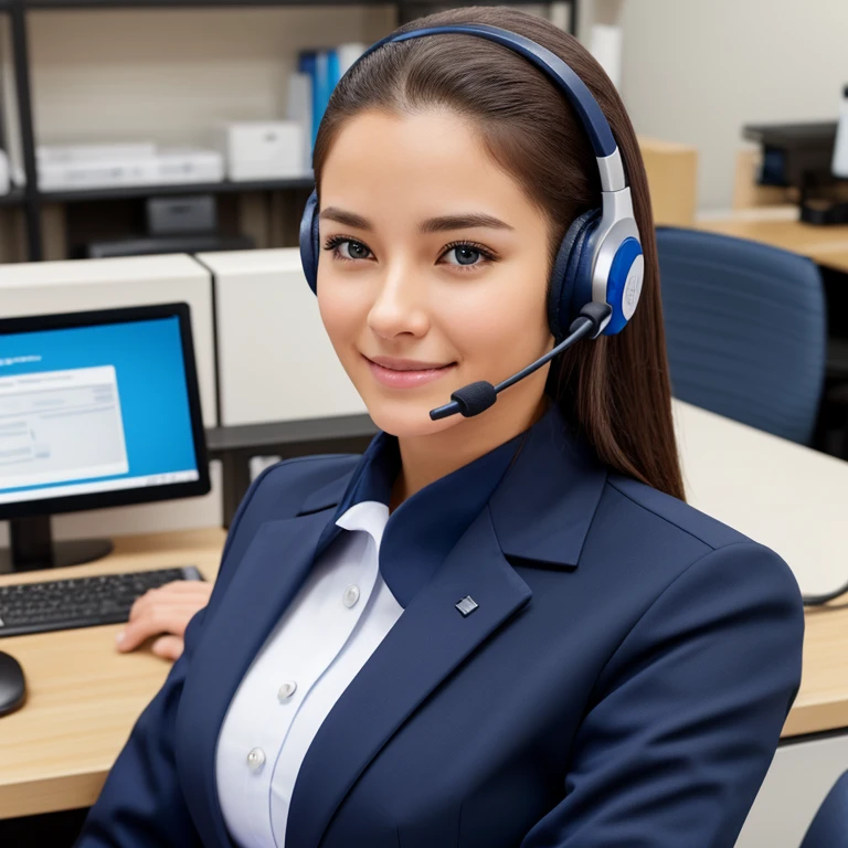 female, customer service, headset, work desk, photo realistic, perfect face, white and blue navy uniform