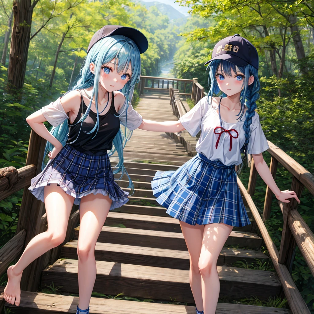 Blue hair、blue eyess、Braids、one good looking girl、独奏、animesque、Plaid miniskirt、Black T-shirt、camisole、the woods、Sunlight、Wearing a plaid baseball cap、bare-legged、Tilting your face、Walking、Crossing a log bridge while keeping balance、Doing the ribbon、have a twig、climbing the wooden stairs、falls