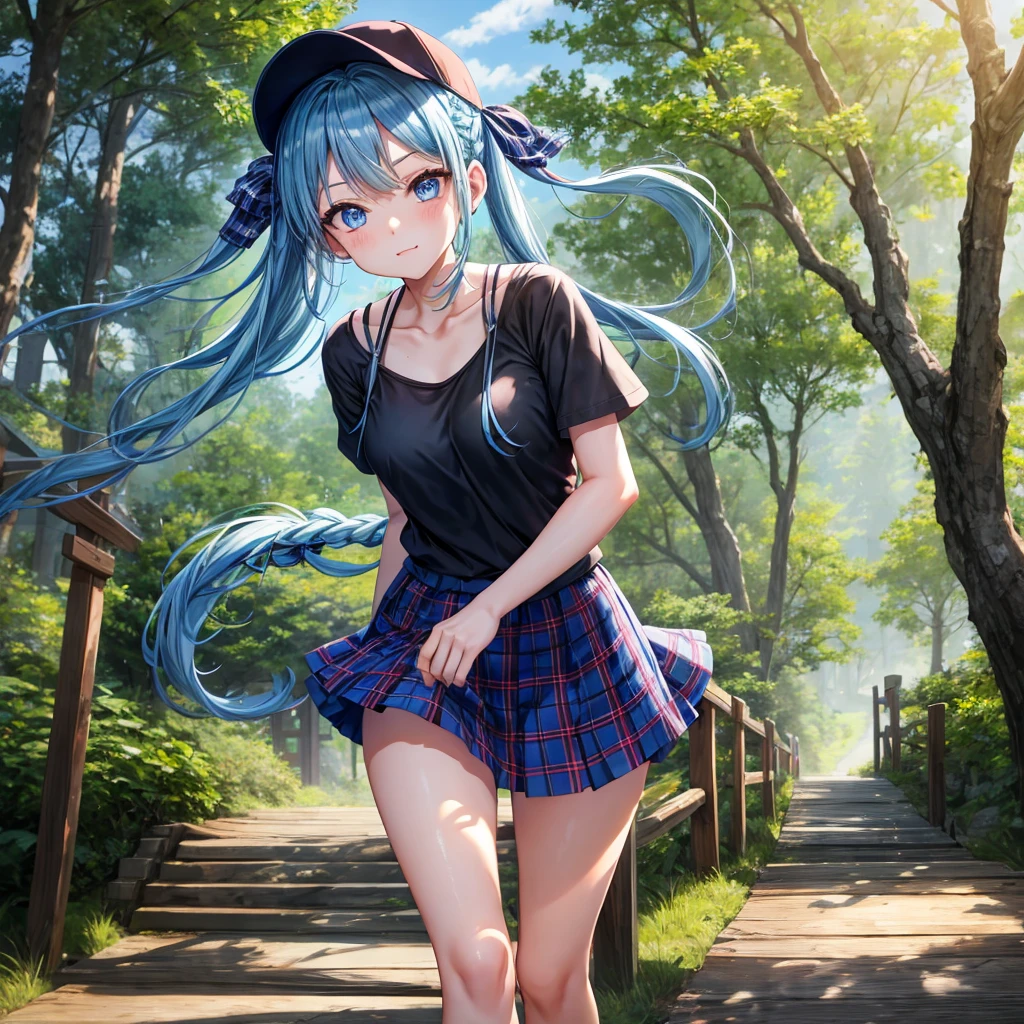 Blue hair、blue eyess、Braids、one good looking girl、独奏、animesque、Plaid miniskirt、Black T-shirt、camisole、the woods、Sunlight、Wearing a plaid baseball cap、bare-legged、Tilting your face、Walking、Crossing a log bridge while keeping balance、Doing the ribbon、have a twig、climbing the wooden stairs、falls