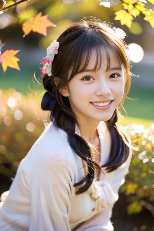 (((masterpiece))), (((Standing,Full body photo))), (One beautiful Japan girl, Innocence,Cute 10 year old girl) ,超A high resolution, Realistic, ultra-detailliert, 8K,top-quality, Extremely detailed,,A slender,very beautiful japanese girl, (Detailed face:1.3), (Gather your hair into two buns,A dark-haired :1.4), (a baby face,Cute), (Perfect body:1.1), (Outdoor Fashion、), innocent smiles,Show your beautiful teeth,rosy cheeks,Super Detailed Face、Detailed lips、A detailed eye、small junior gravure idol,Transparent skin、Lori,Photorealistic:1.37,no-makeup,Emphasis on backward buttocks、Dynamic close-up looking up from under a ginkgo tree、Beautiful autumn leaves、Versatile sexy poses、The sky turns red at sunset