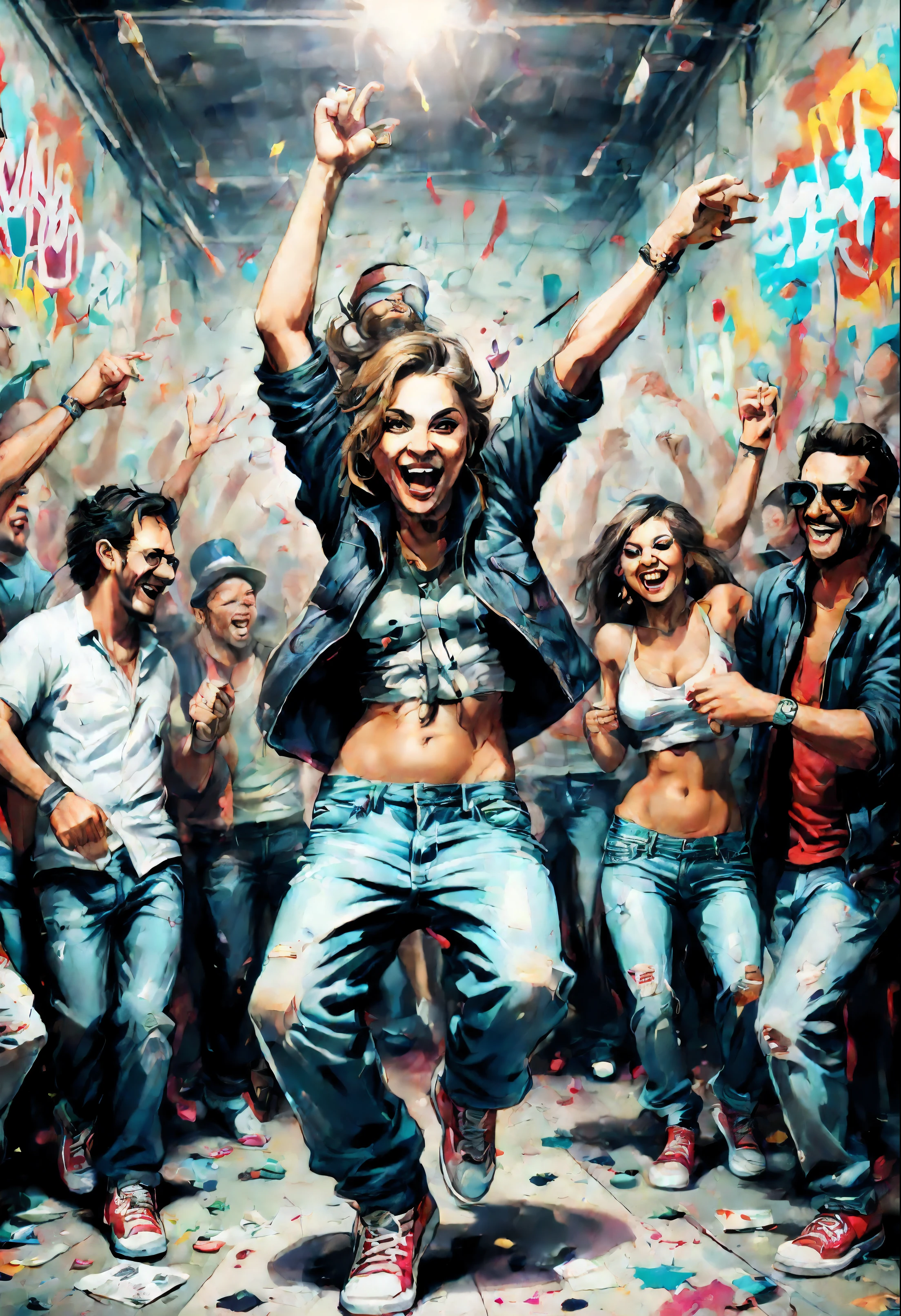 big party people dance, Fun party, dance, money, graffiti art, mad look,