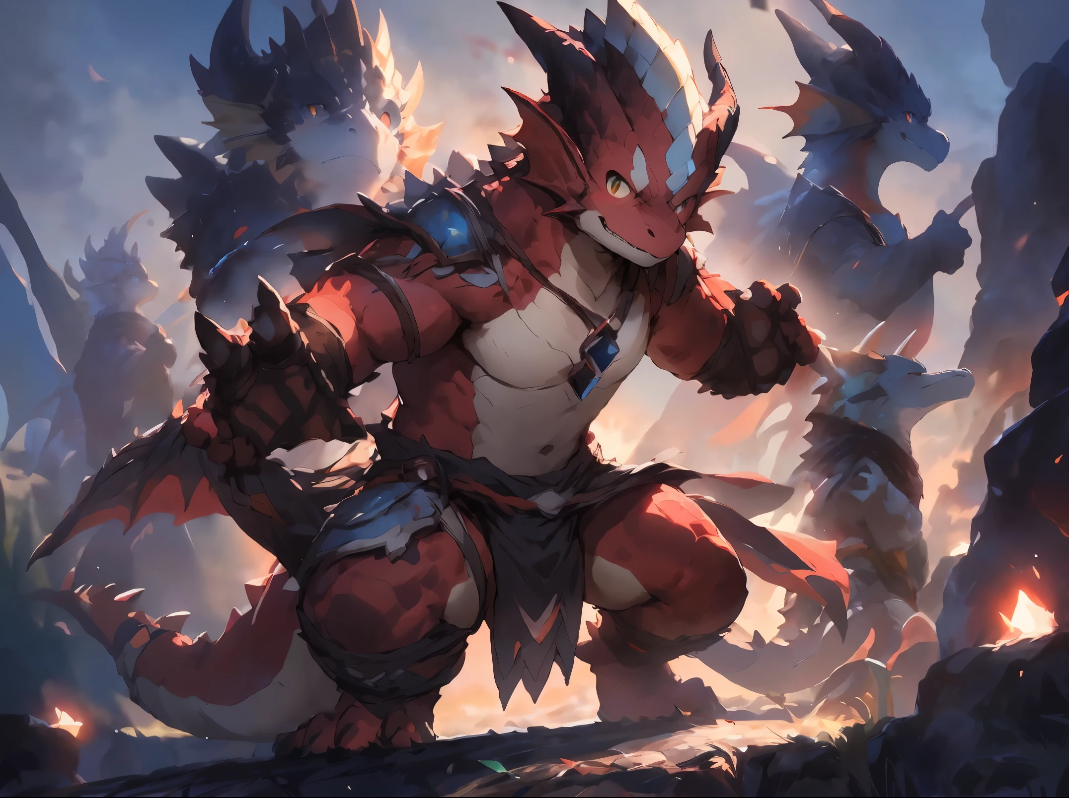 nj5furry,,loincloth,Red body,Male, komono, ((extremely realistic shading, Masterpiece, Extremely detailed, Photorealistic)), ((Dragon)) Strong, Mature male, warrior, Dynamic pose, Serious expressiony Pino Daeni, canyne khai, milkytiger1145, Dagasi, Yupa, Tik