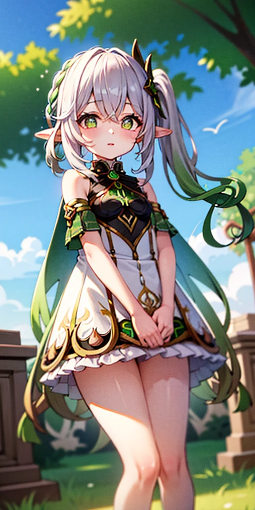 masterpiece, best quality, 1girl, solo, nahida_genshin, cross-shaped pupils, default_dress, green cape, standing