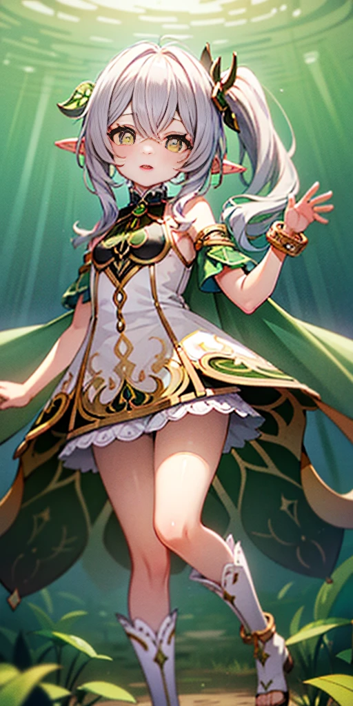 masterpiece, best quality, 1girl, solo, nahida_genshin, cross-shaped pupils, default_dress, green cape, standing