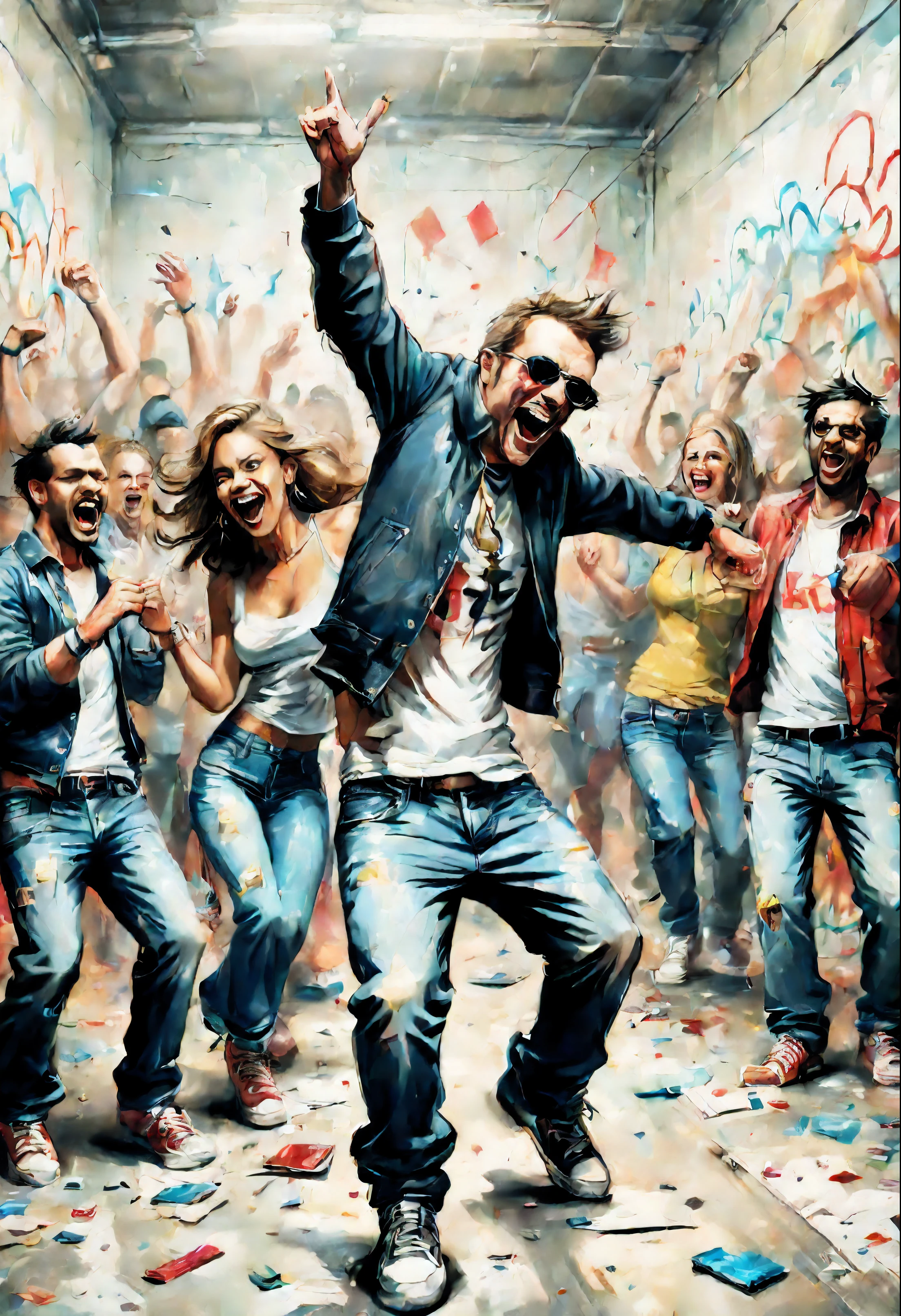 big party people dance, Fun party, dance, money, graffiti art, mad look,