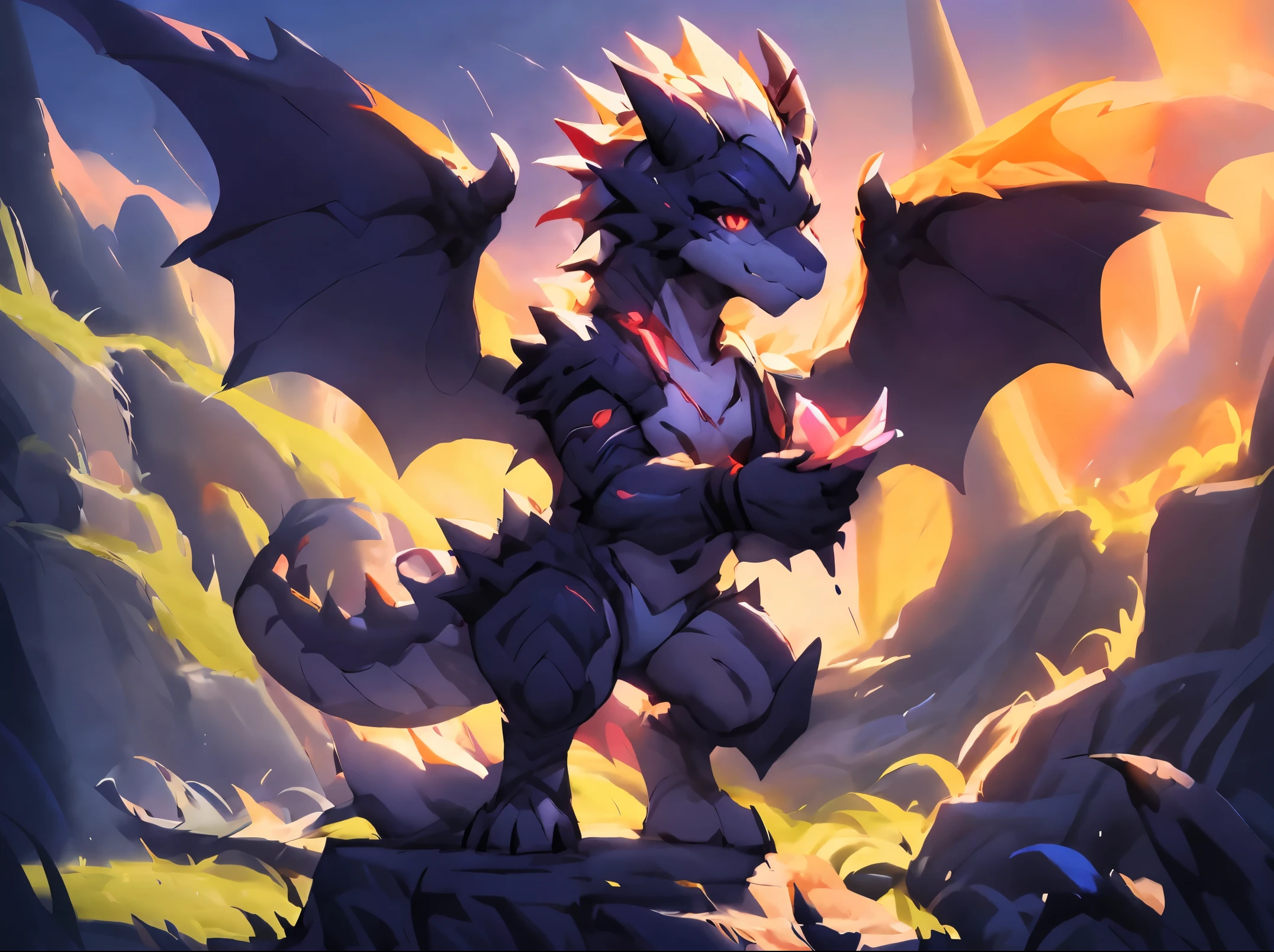 The Tyrannosaurus King Bakar in Dungeons and Warriors,Two feet stood on the building and roared,Spread your wings,Reddish yellow eyes,The scales are distinct,Meticulous portrayal,Fire in the sky,(full body:1.5),
