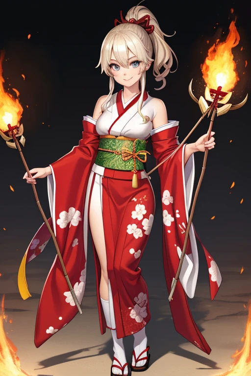 (best quality, high resolution, masterpiece: 1.2), an oni girl, girl, beautiful, detailed, beautiful eyes, detailed face, long eyes, smiling, holding a fire element bow, preparing to release an arrow, full body Japanese style clothing.