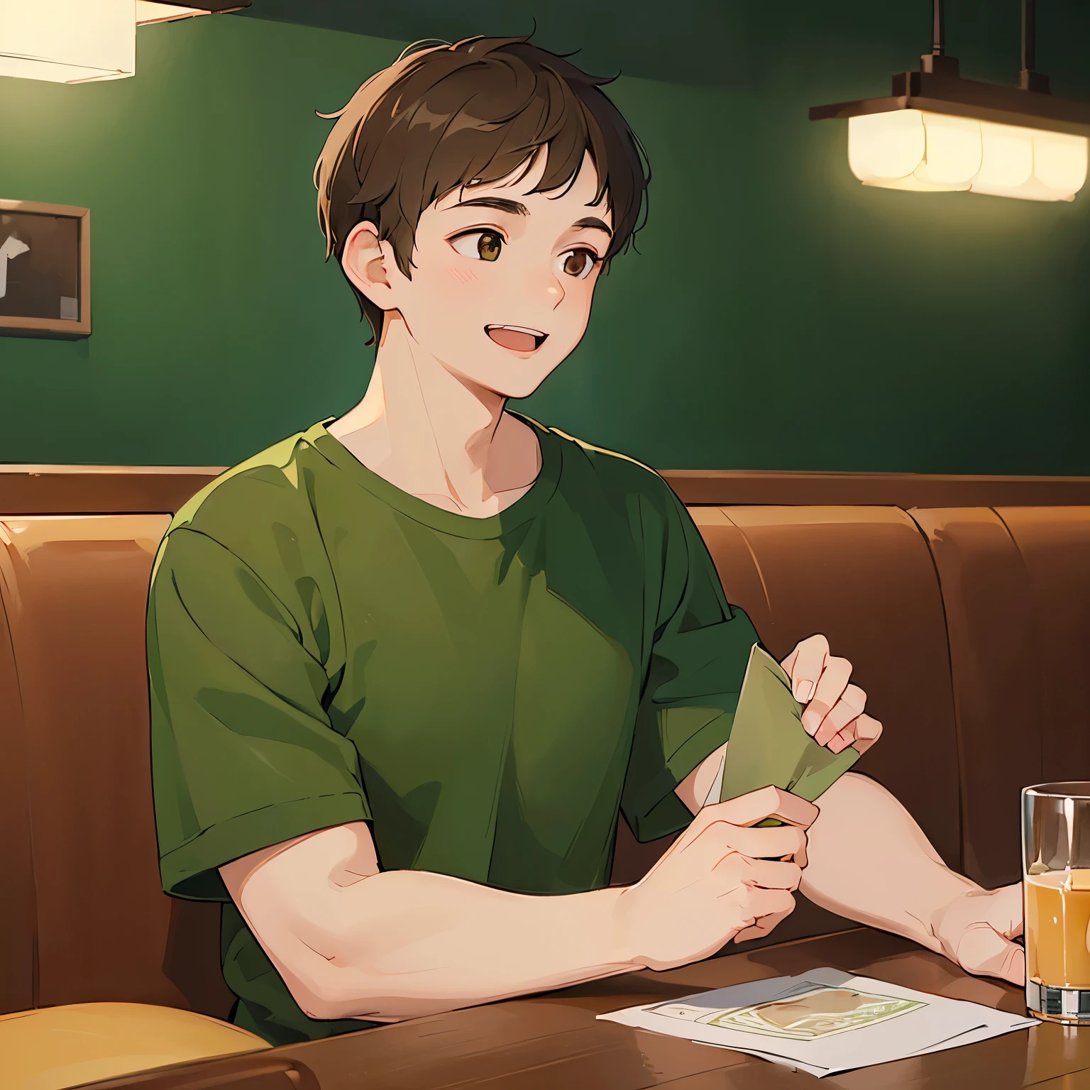 (looking away:1.5), Shooting from below、masterpiece、hightquality、25 year old brown eyed man with short brown hair、(Wearing a green T-shirt:1.2)、(Alone:1.5)、(Smiling expression:1.1)、open mouth, (Only the upper body is shown.:1.3)、The background is a restaurant、sitting on、Bold composition、