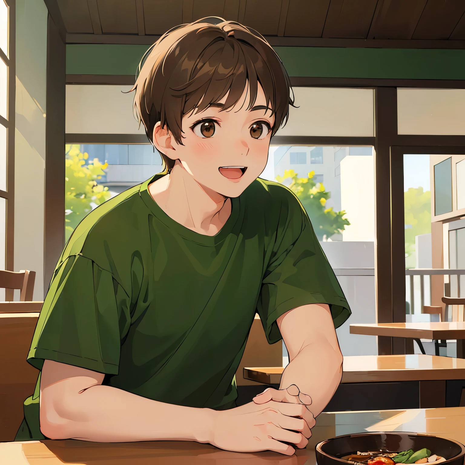 (looking away:1.5), Shooting from below、masterpiece、hightquality、25 year old brown eyed man with short brown hair、(Wearing a green T-shirt:1.2)、(Alone:1.5)、(Smiling expression:1.1)、open mouth, (Only the upper body is shown.:1.3)、The background is a restaurant、sitting on、Bold composition、