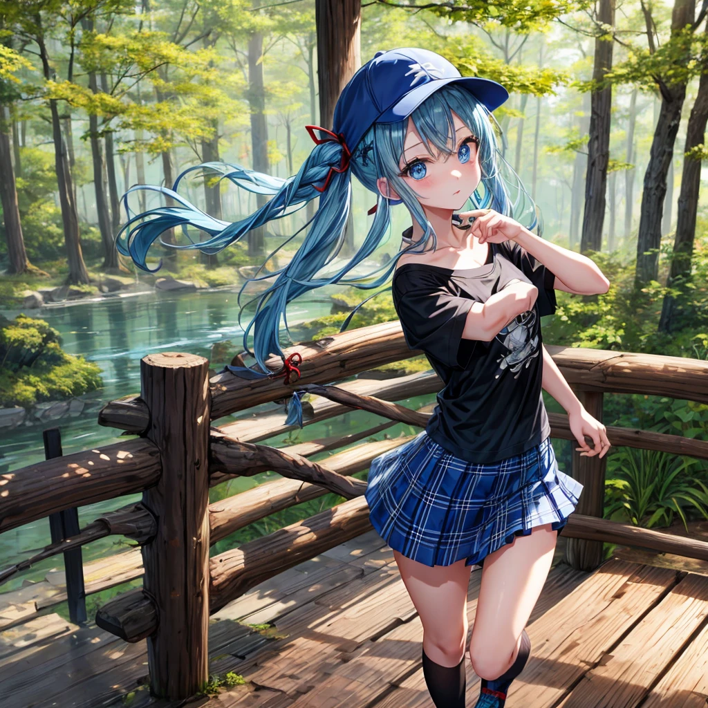 Blue hair、blue eyess、Braids、one good looking girl、独奏、animesque、Plaid miniskirt、Black T-shirt、camisole、the woods、Sunlight、Wearing a plaid baseball cap、bare-legged、Tilting your face、Walking、Crossing a log bridge while keeping balance、Doing the ribbon、have a twig、climbing the wooden stairs、falls