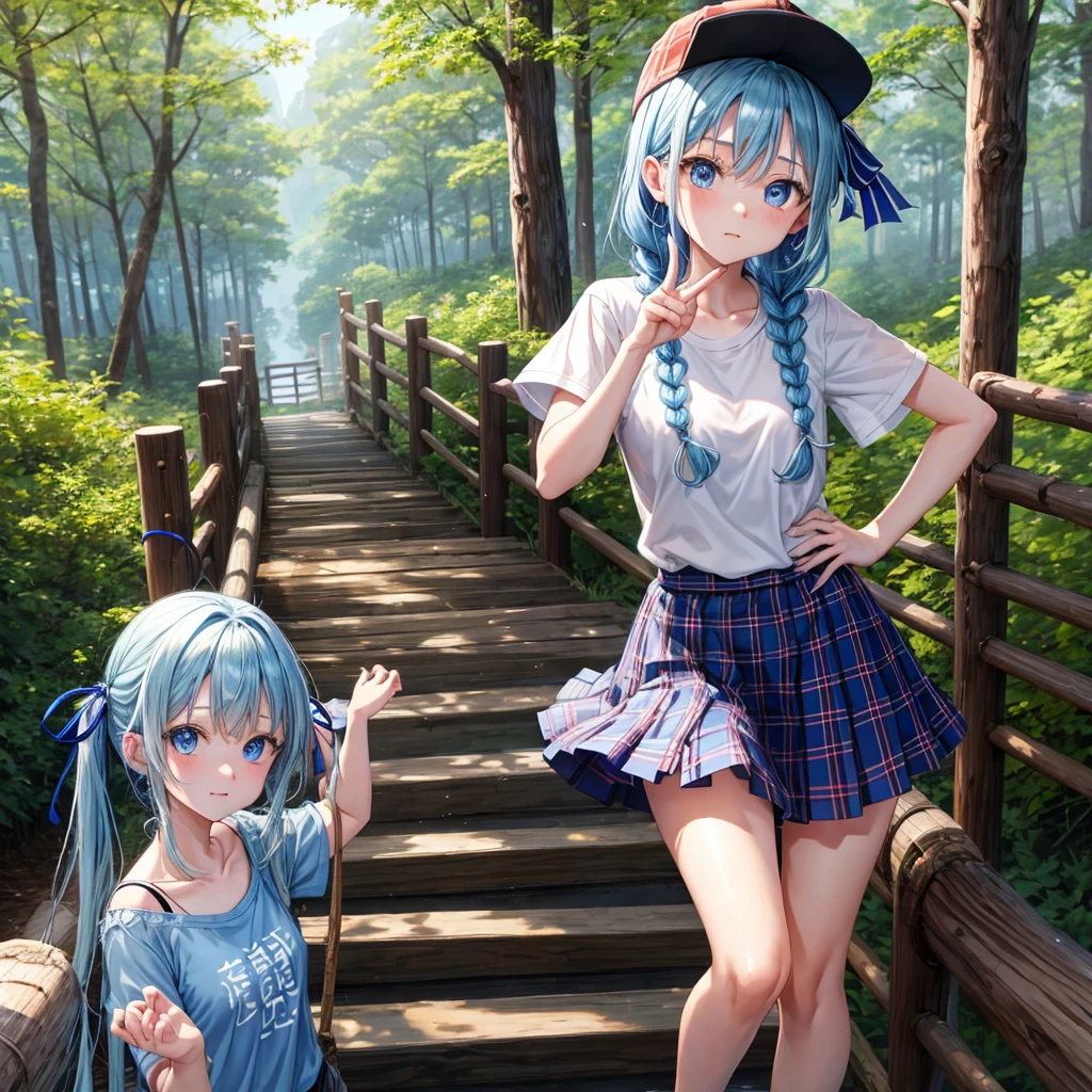 blue hair、blue eyes raid、one bewitching girl、solo、and soul、plaid mini skirt、Wet and see-through white T-shirt、Wet and see-through camisole、forest、sunlight、Wearing a plaid baseball cap、barefoot、tilt one&#39;s face、walk、Cross the log bridge while keeping your balance、doing ribbon、have a twig、climb the wooden stairs、rolled up skirt、I can see it、